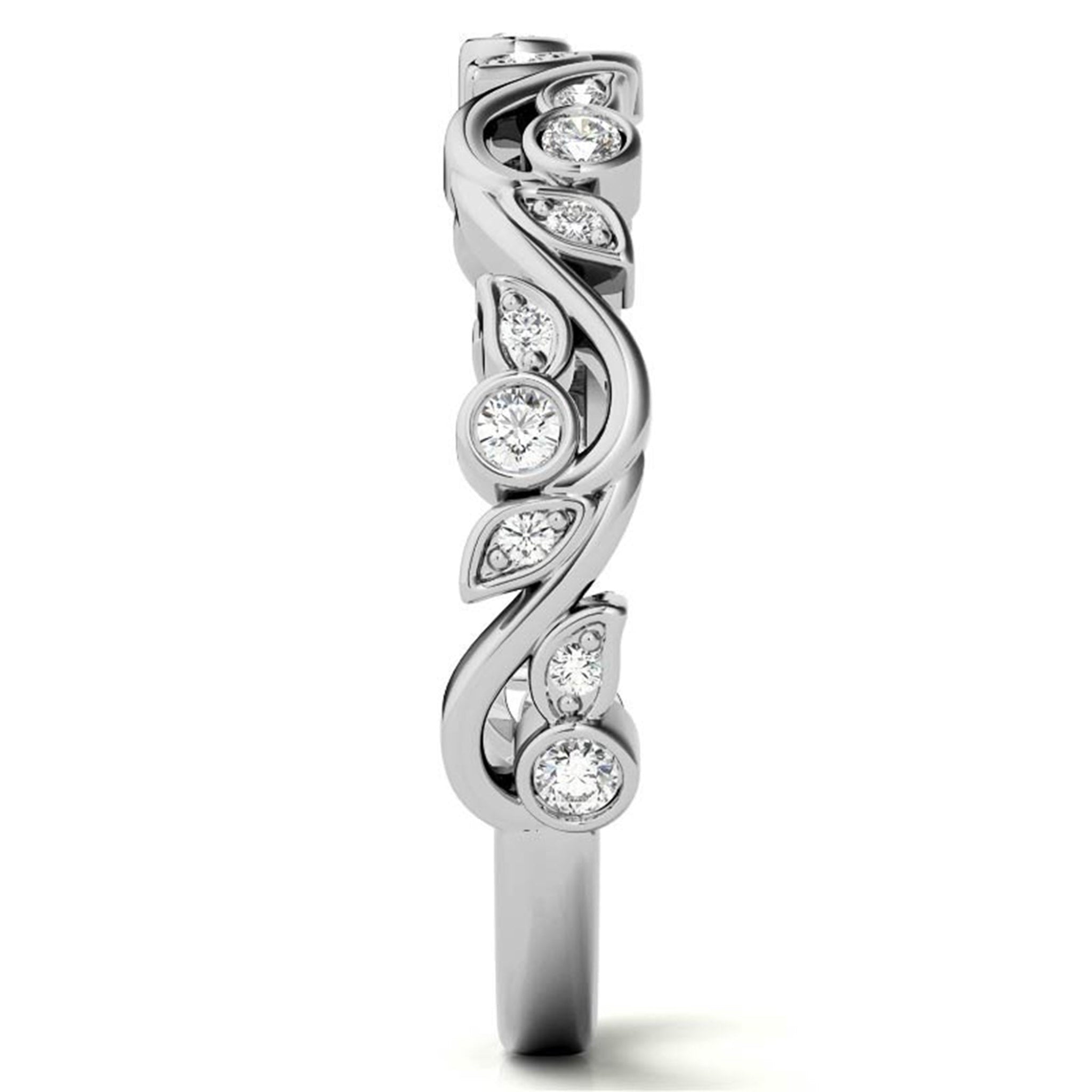 Adjustable Sterling Silver Stunning White Gold Floral-Inspired With Leaf Motif Diamond Ring For Women