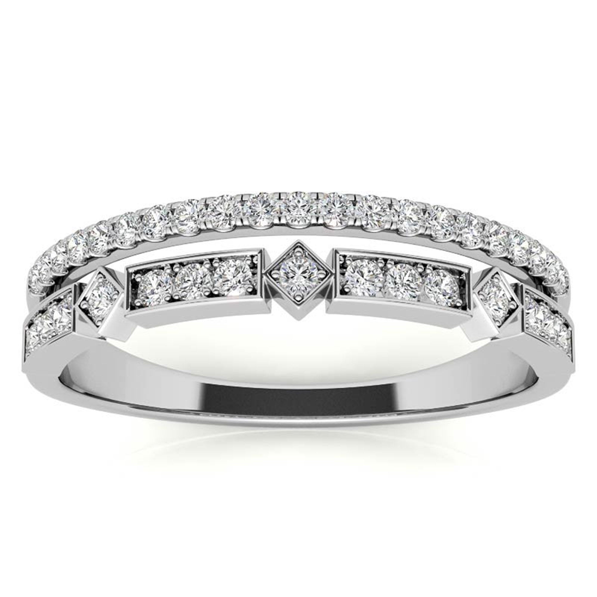White Gold Silver Double Layered Adjustable Bezel-Set Geometric Ring For Woman