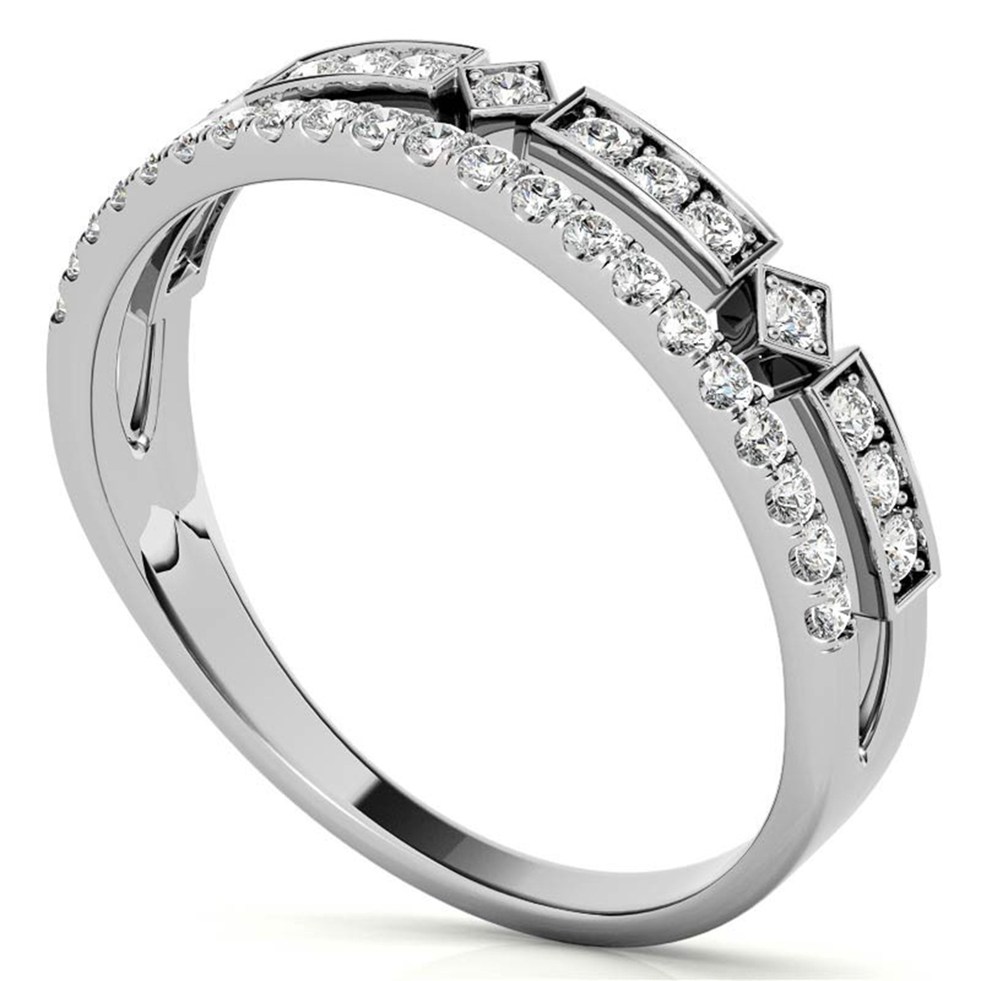 White Gold Silver Double Layered Adjustable Bezel-Set Geometric Ring For Woman