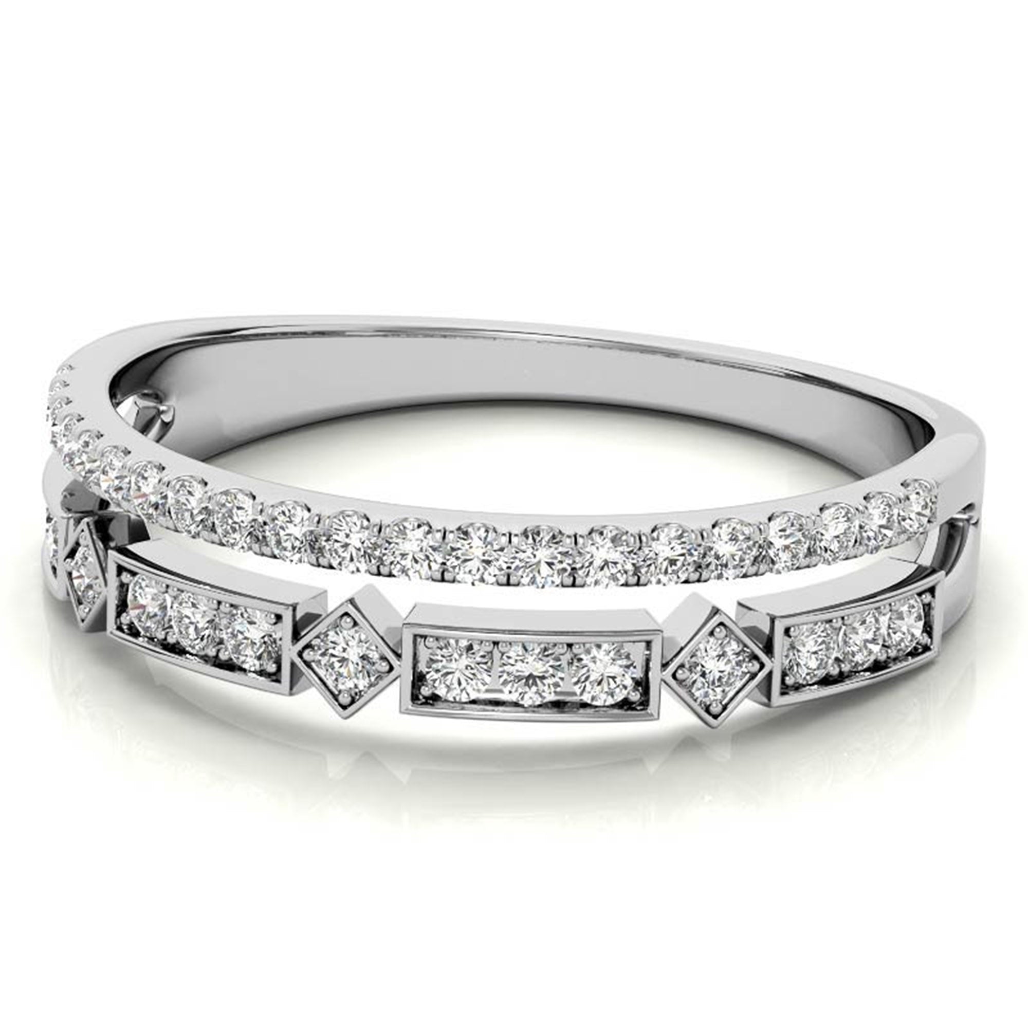 White Gold Silver Double Layered Adjustable Bezel-Set Geometric Ring For Woman