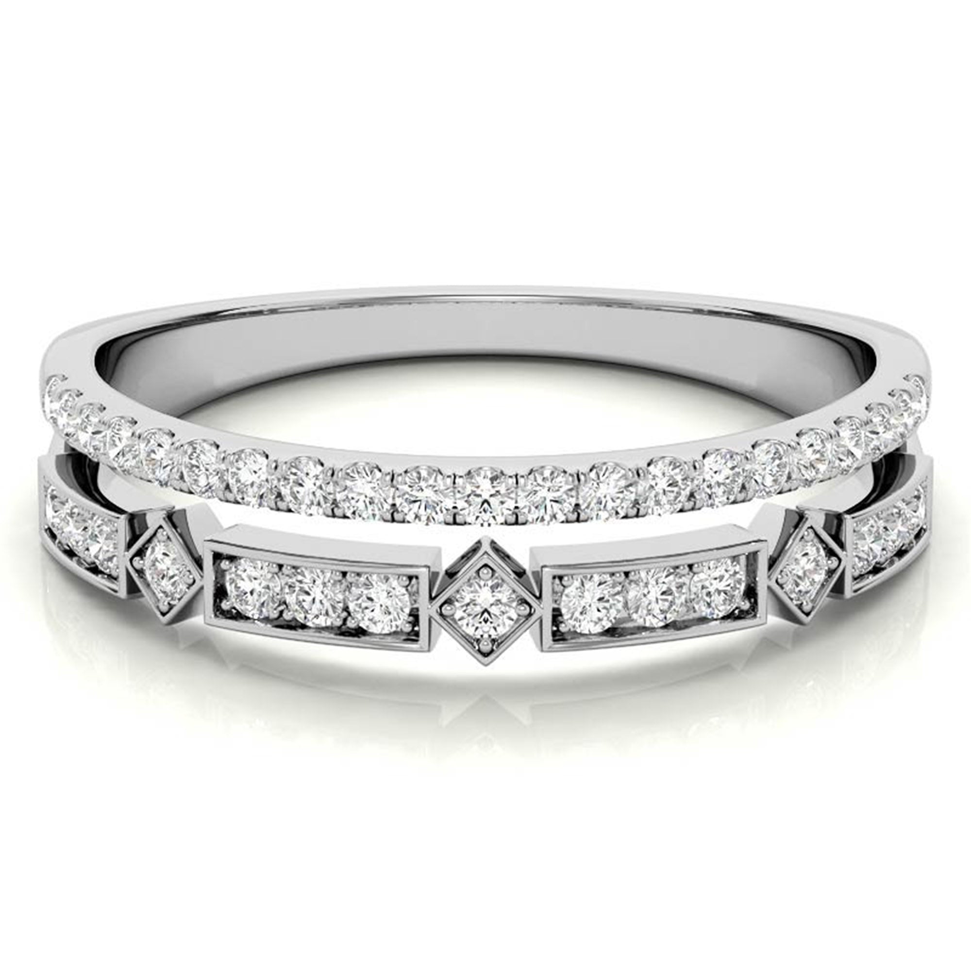 White Gold Silver Double Layered Adjustable Bezel-Set Geometric Ring For Woman