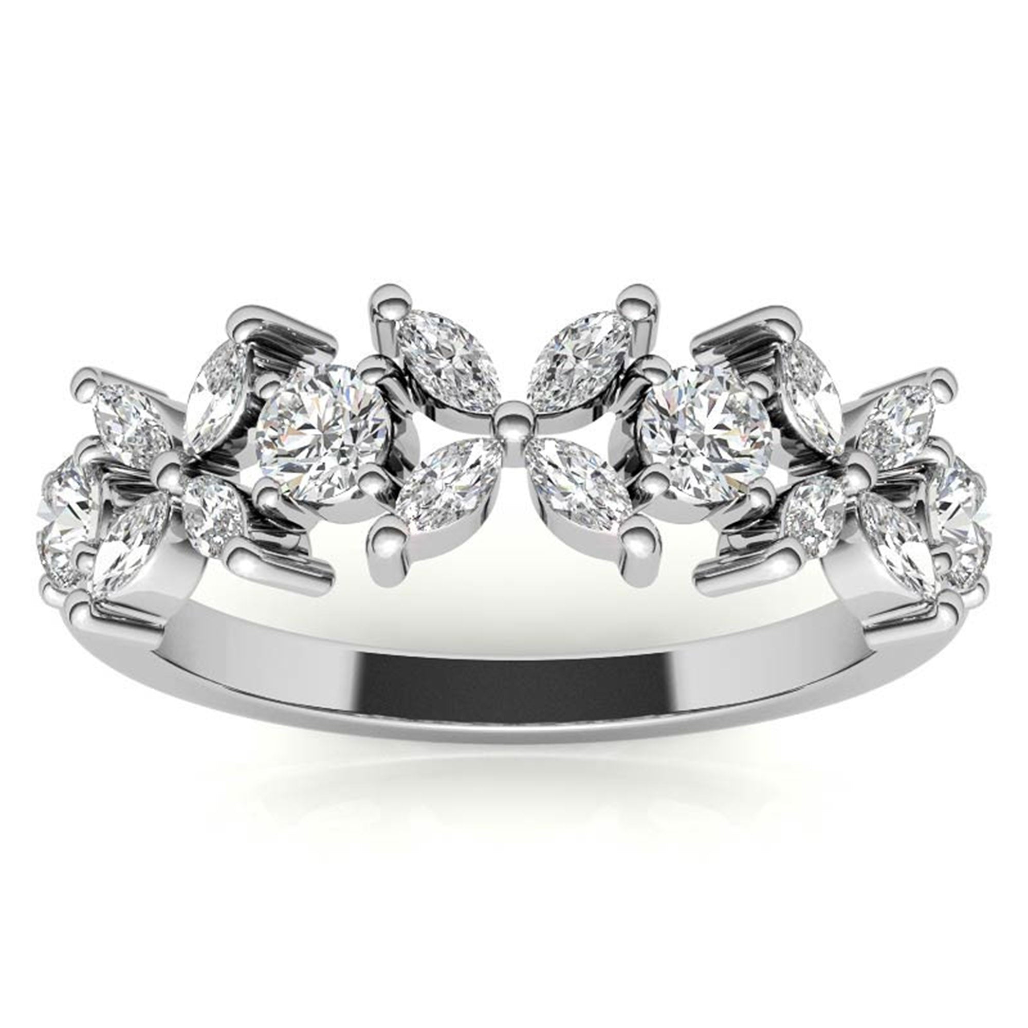 White Gold Silver Floral Eternity Adjustable Marquise-Cut Ring For Woman