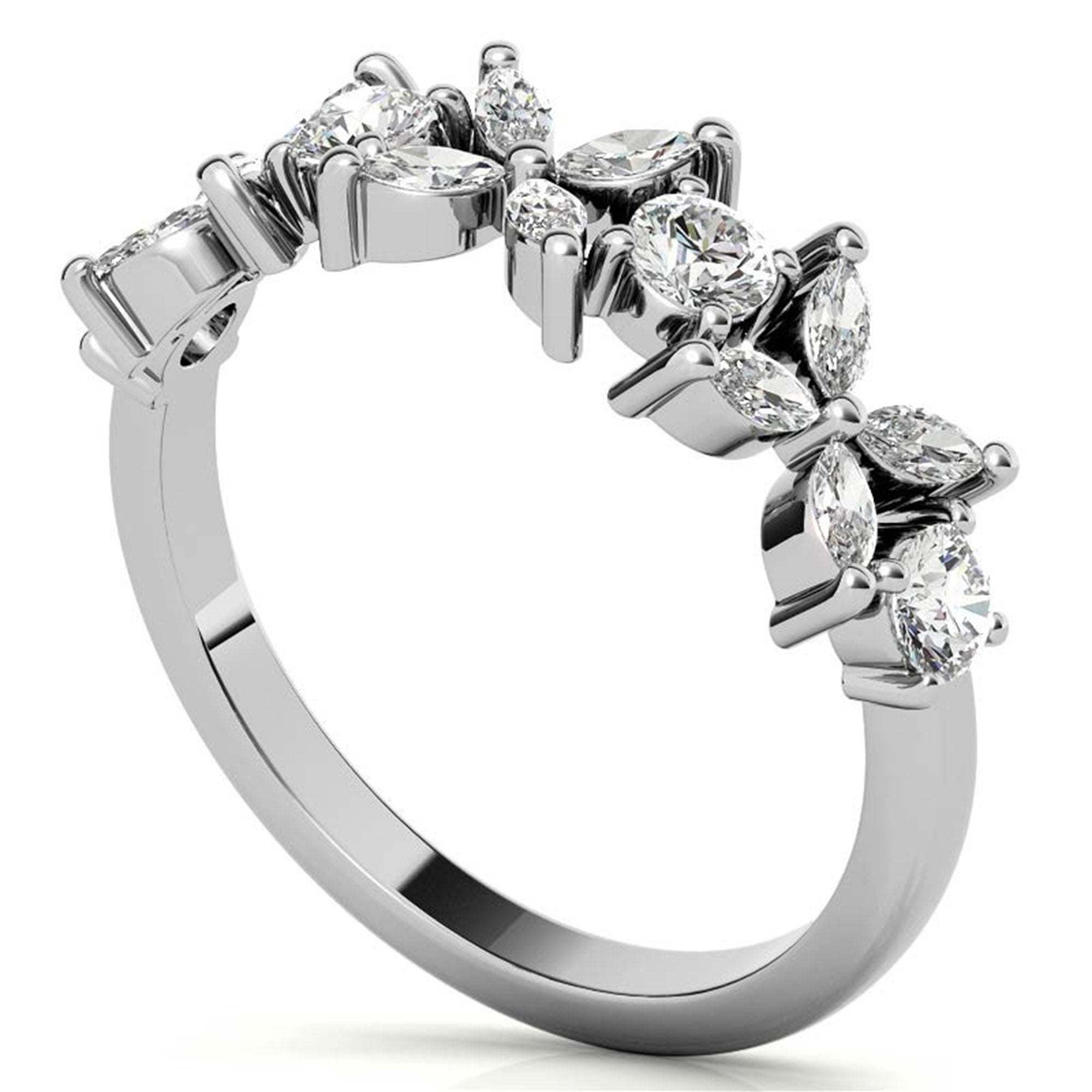 White Gold Silver Floral Eternity Adjustable Marquise-Cut Ring For Woman