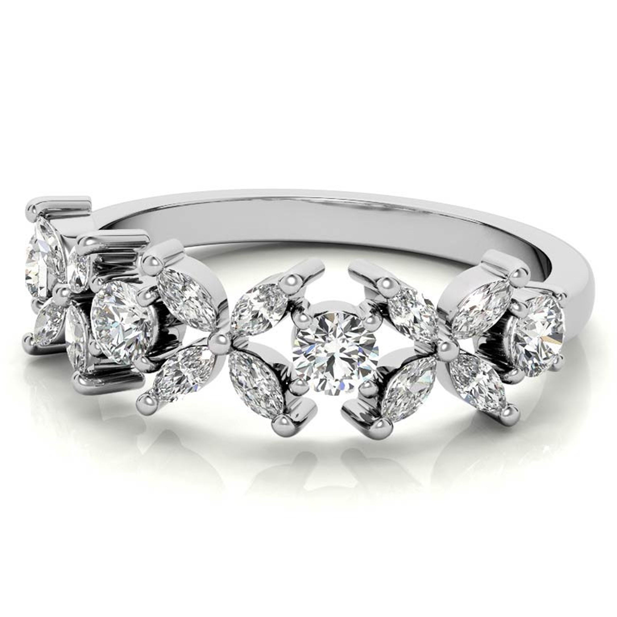 White Gold Silver Floral Eternity Adjustable Marquise-Cut Ring For Woman