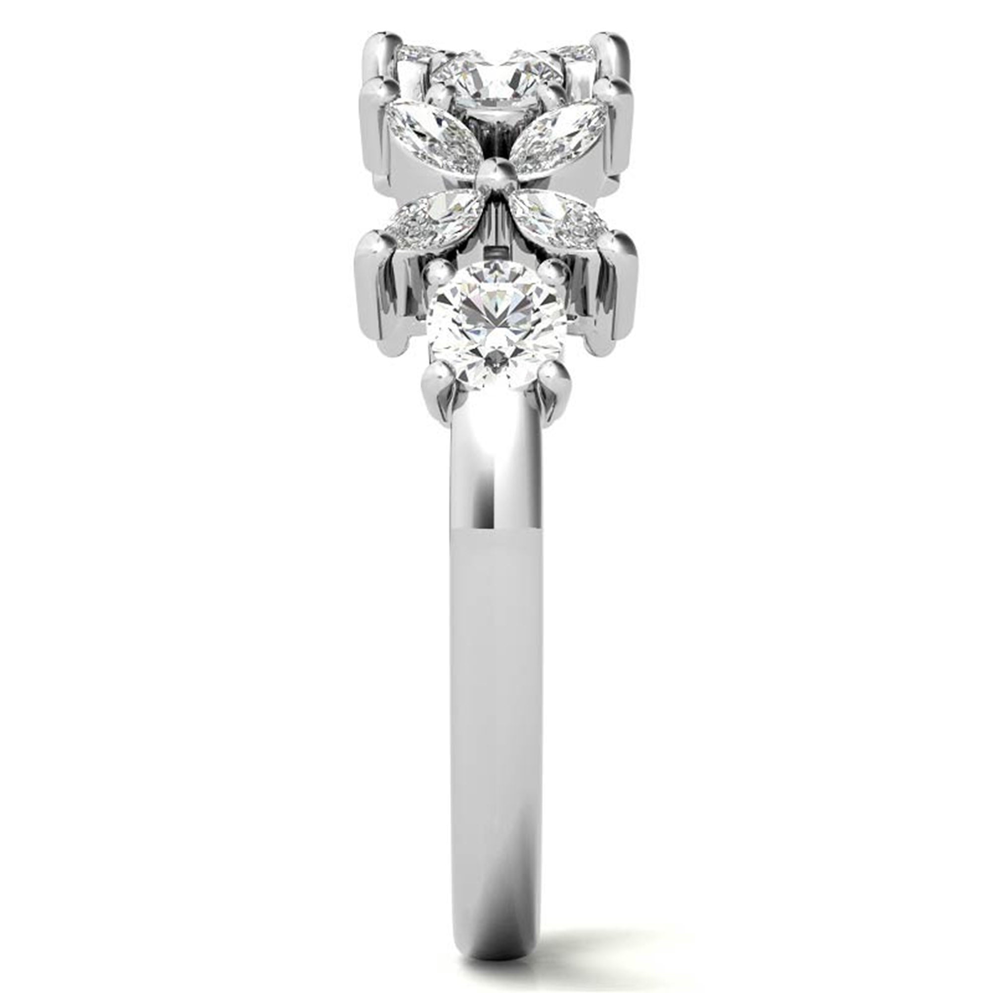 White Gold Silver Floral Eternity Adjustable Marquise-Cut Ring For Woman