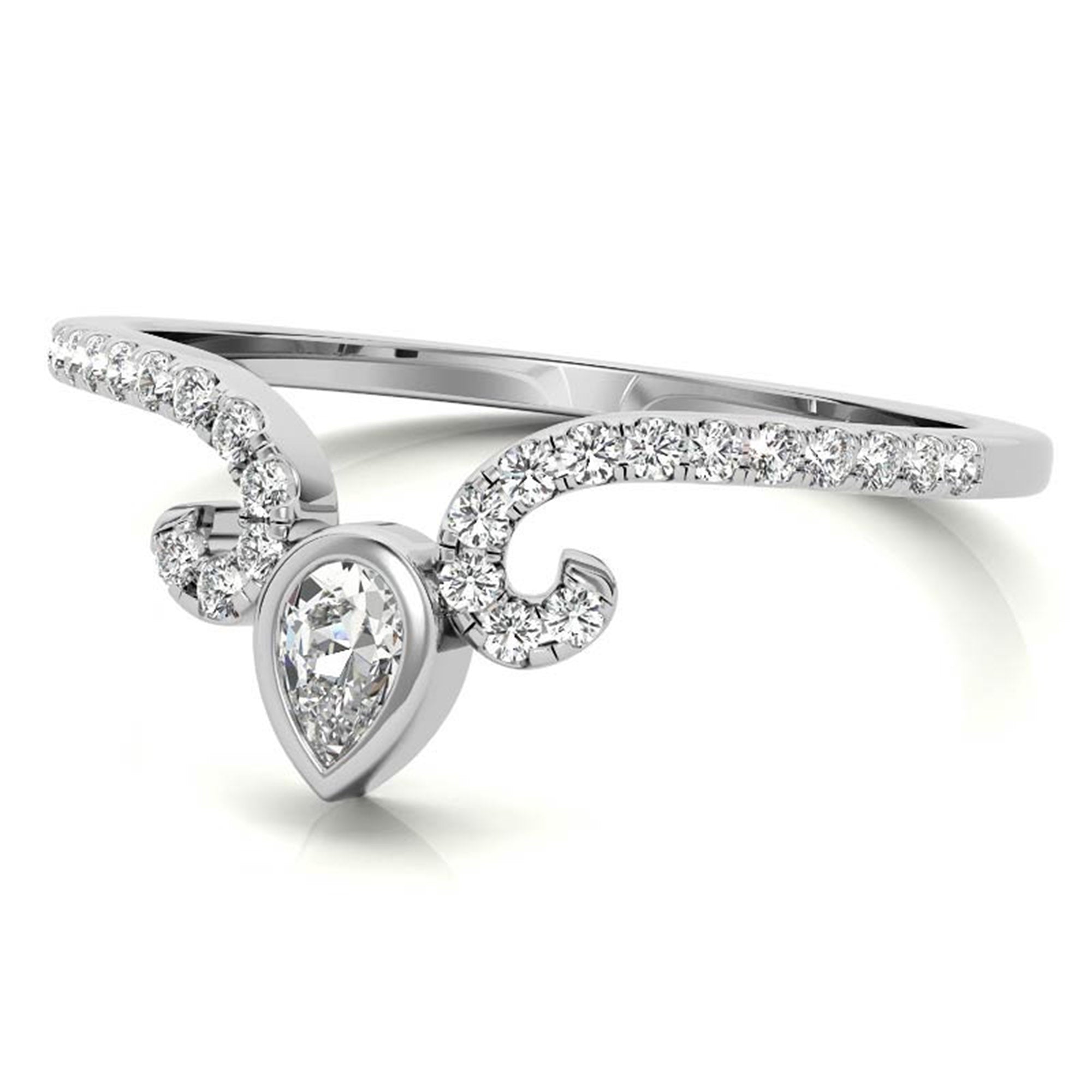 White Gold Silver Pear-Cut Adjustable Curved Chevron Scroll Ring For Woman