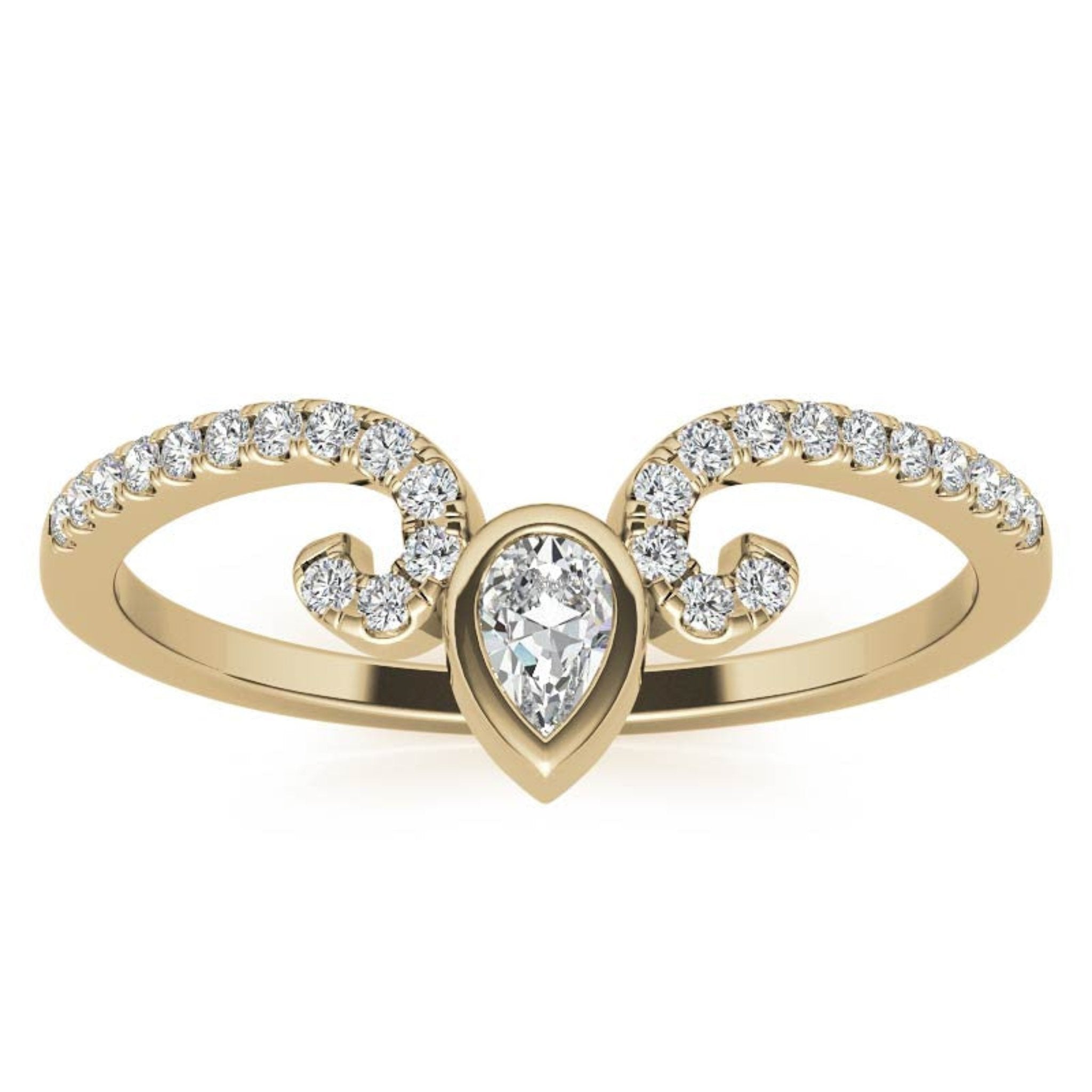 Yellow Gold Silver Pear-Cut Adjustable V- Curved Shaped Ring For Woman