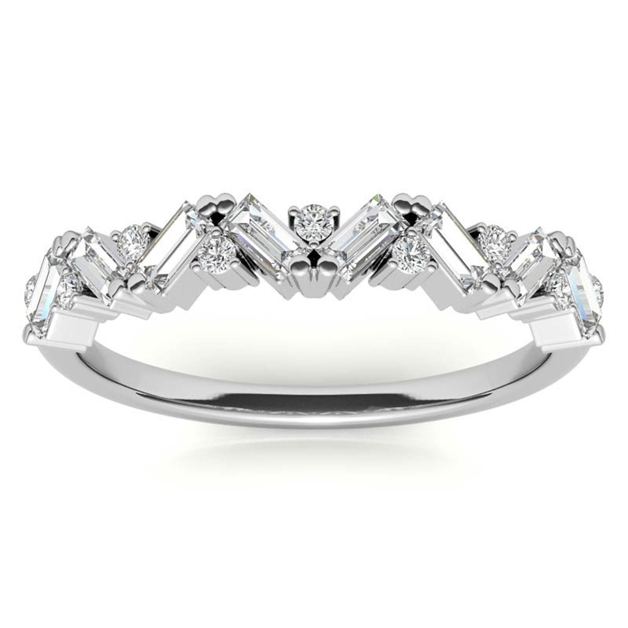 Zigzag Baguette and Round-Cut Diamond White Gold Adjustable Sterling Silver Radiant Ring For Women