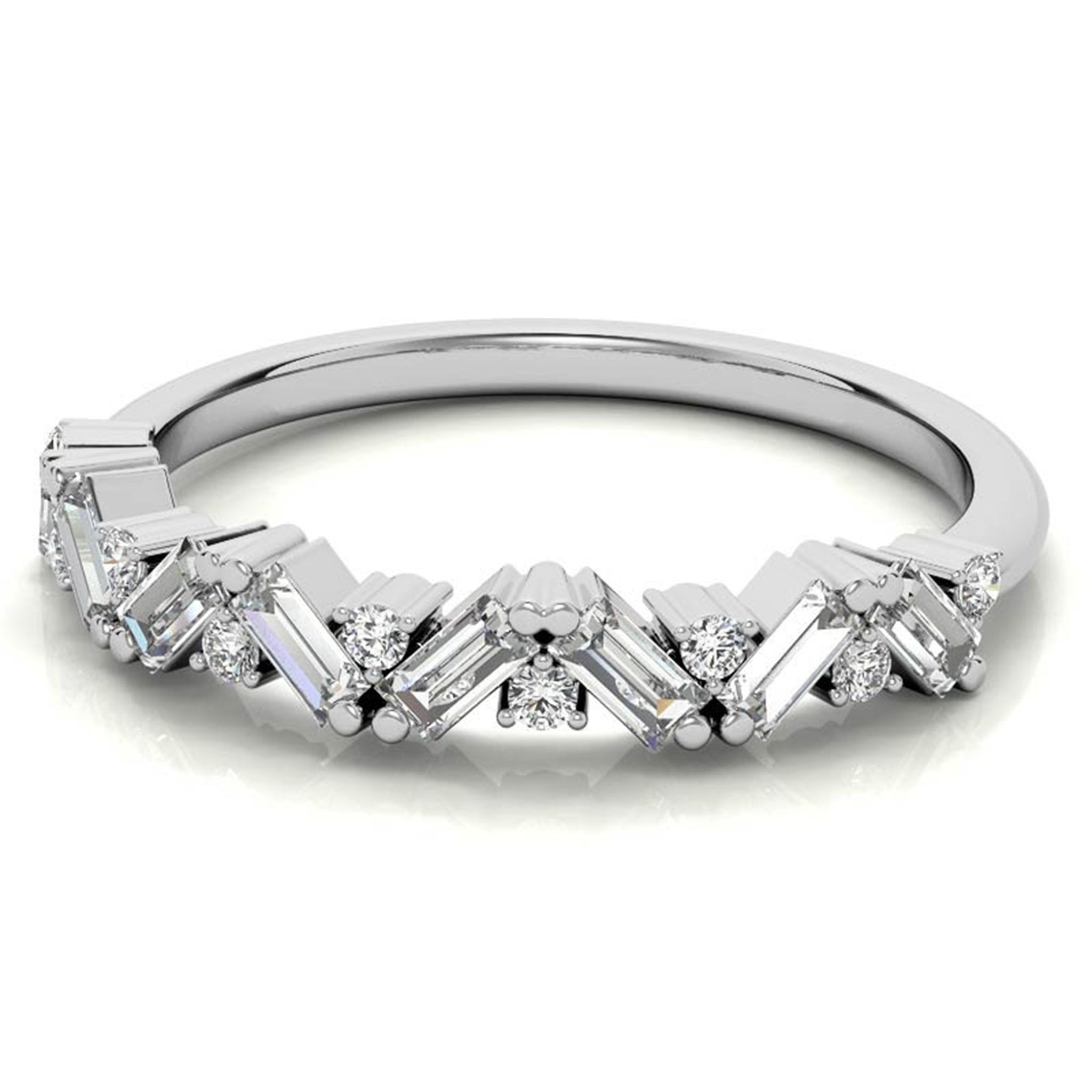 Zigzag Baguette and Round-Cut Diamond White Gold Adjustable Sterling Silver Radiant Ring For Women