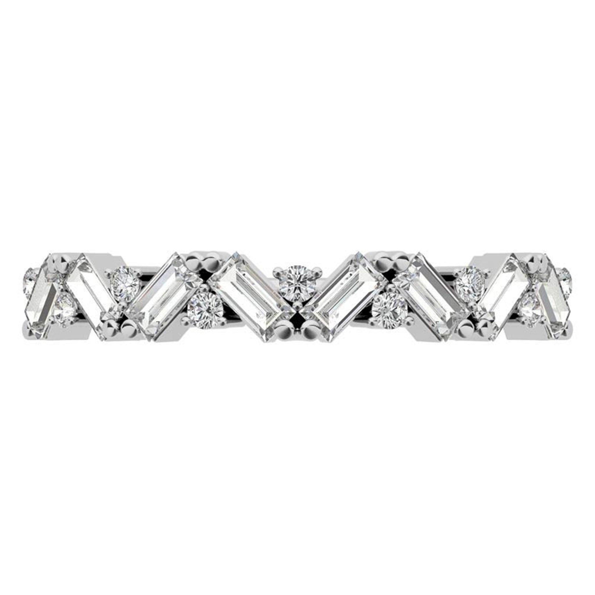 Zigzag Baguette and Round-Cut Diamond White Gold Adjustable Sterling Silver Radiant Ring For Women