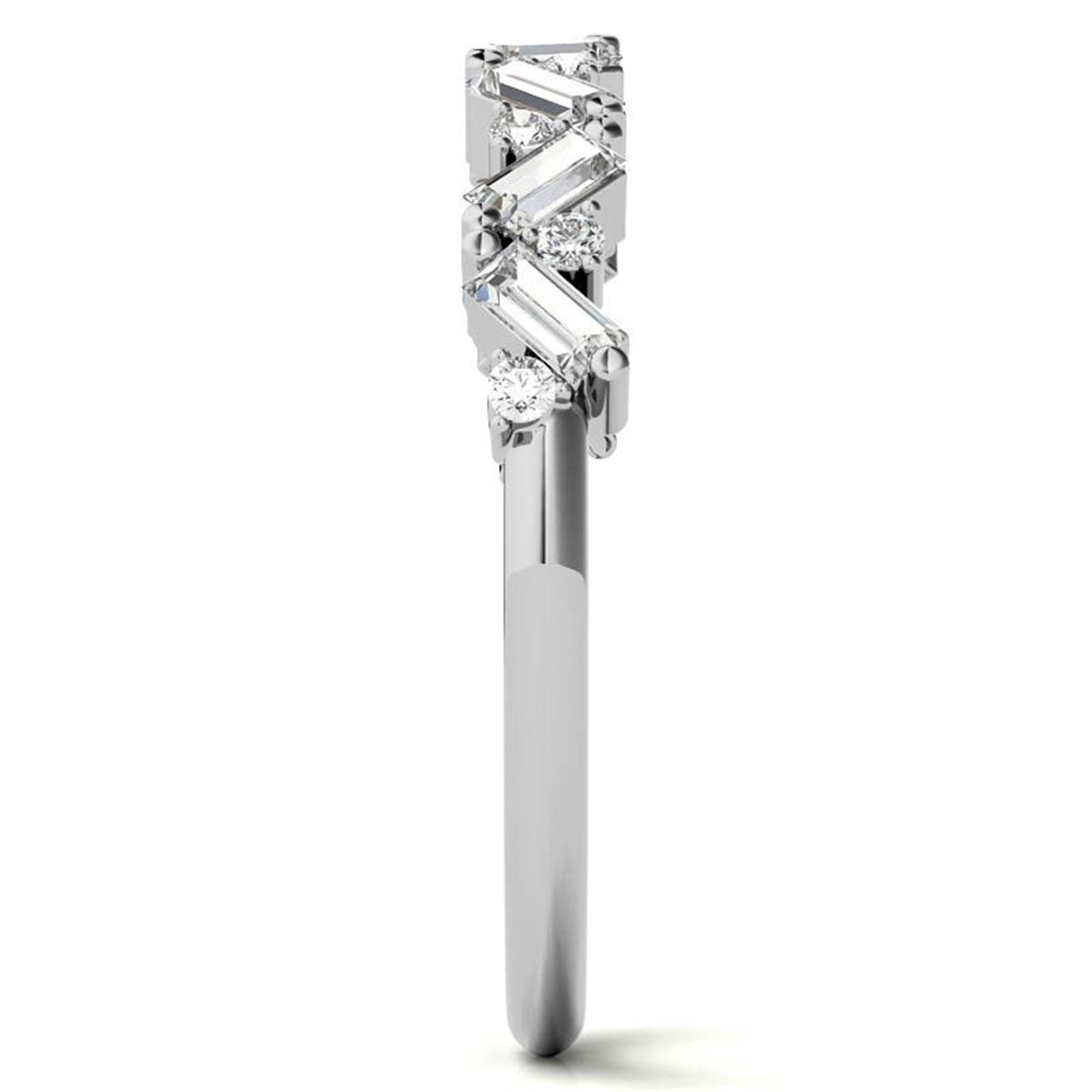 Zigzag Baguette and Round-Cut Diamond White Gold Adjustable Sterling Silver Radiant Ring For Women