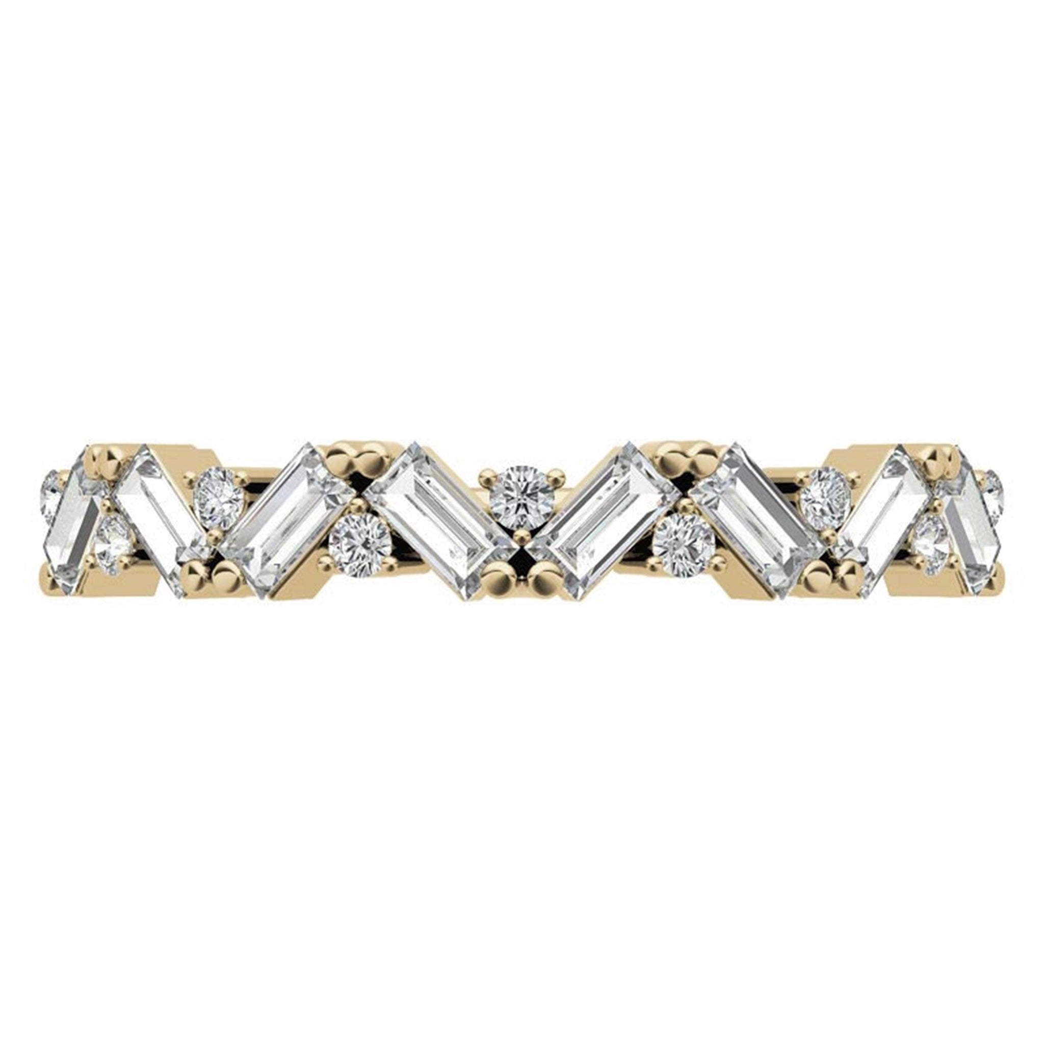 Zigzag Baguette and Round-Cut Diamond Yellow Gold Adjustable Sterling Silver Radiant Ring For Women