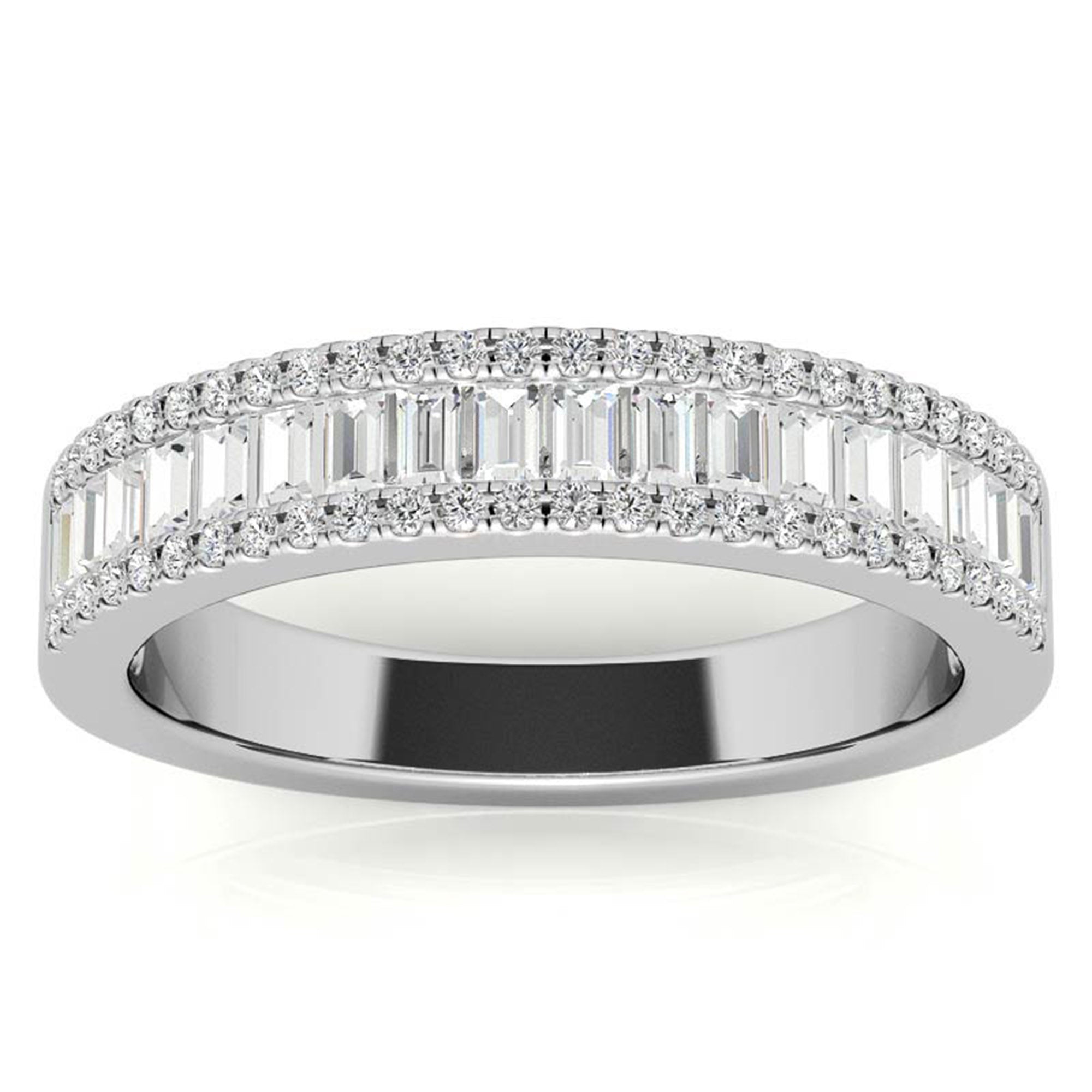 Adjustable Sterling Silver Elegant White Gold Baguette and Round Diamond Band For Women