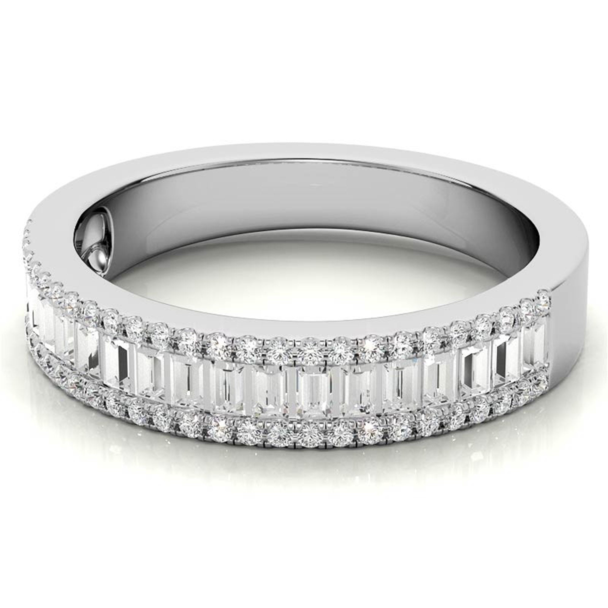 Adjustable Sterling Silver Elegant White Gold Baguette and Round Diamond Band For Women