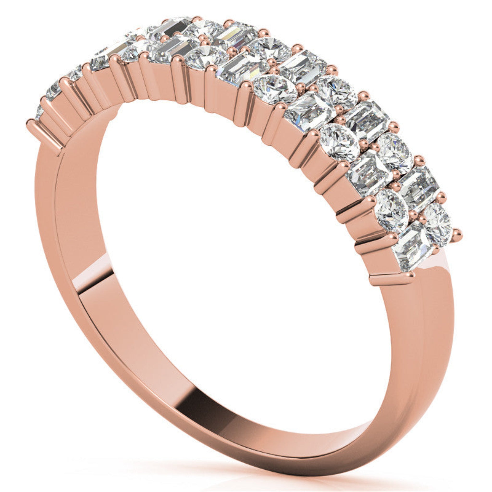 Sterling Silver Unique Adjustable Dual-Row Baguette and Round Diamond Rose Gold Band For Women