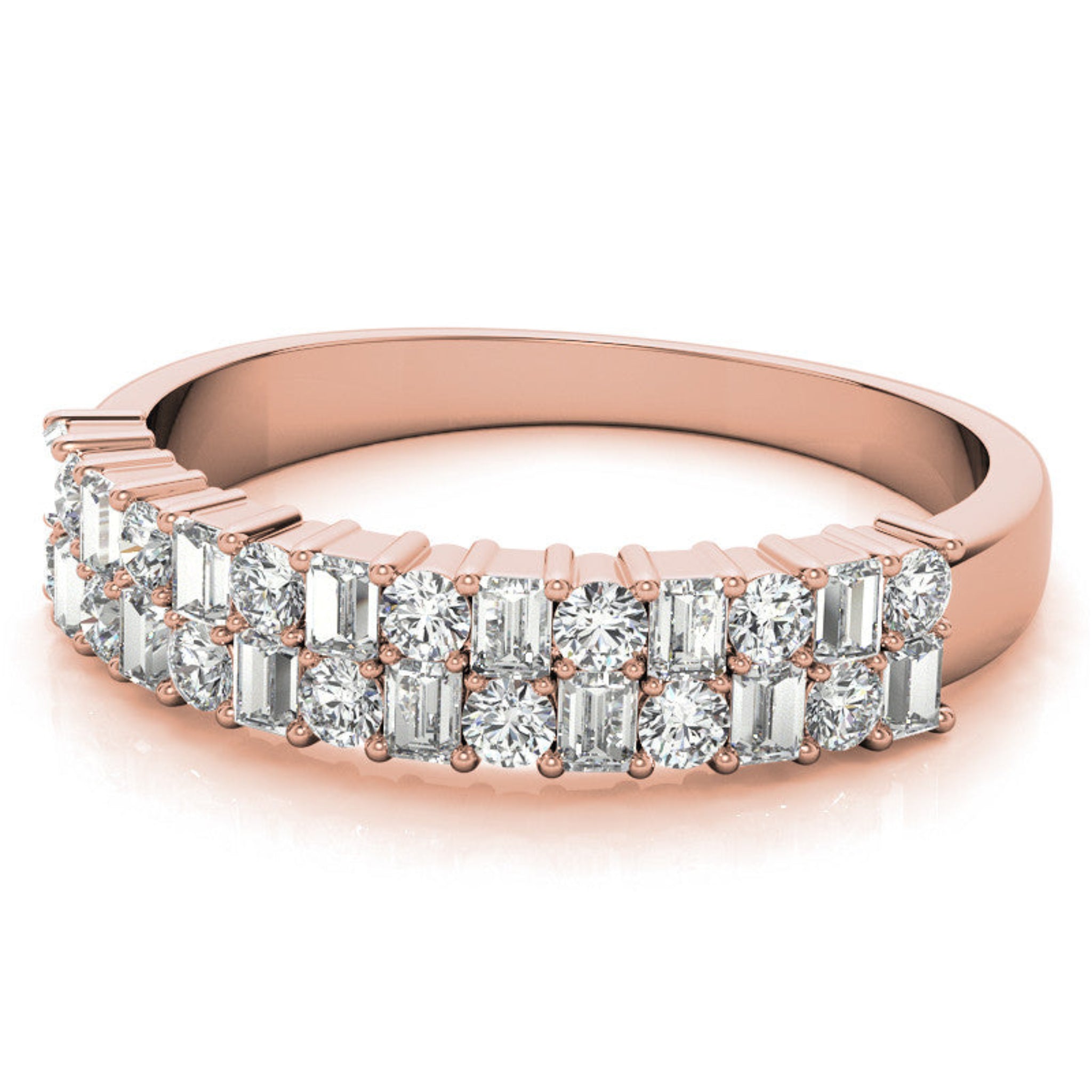 Sterling Silver Unique Adjustable Dual-Row Baguette and Round Diamond Rose Gold Band For Women