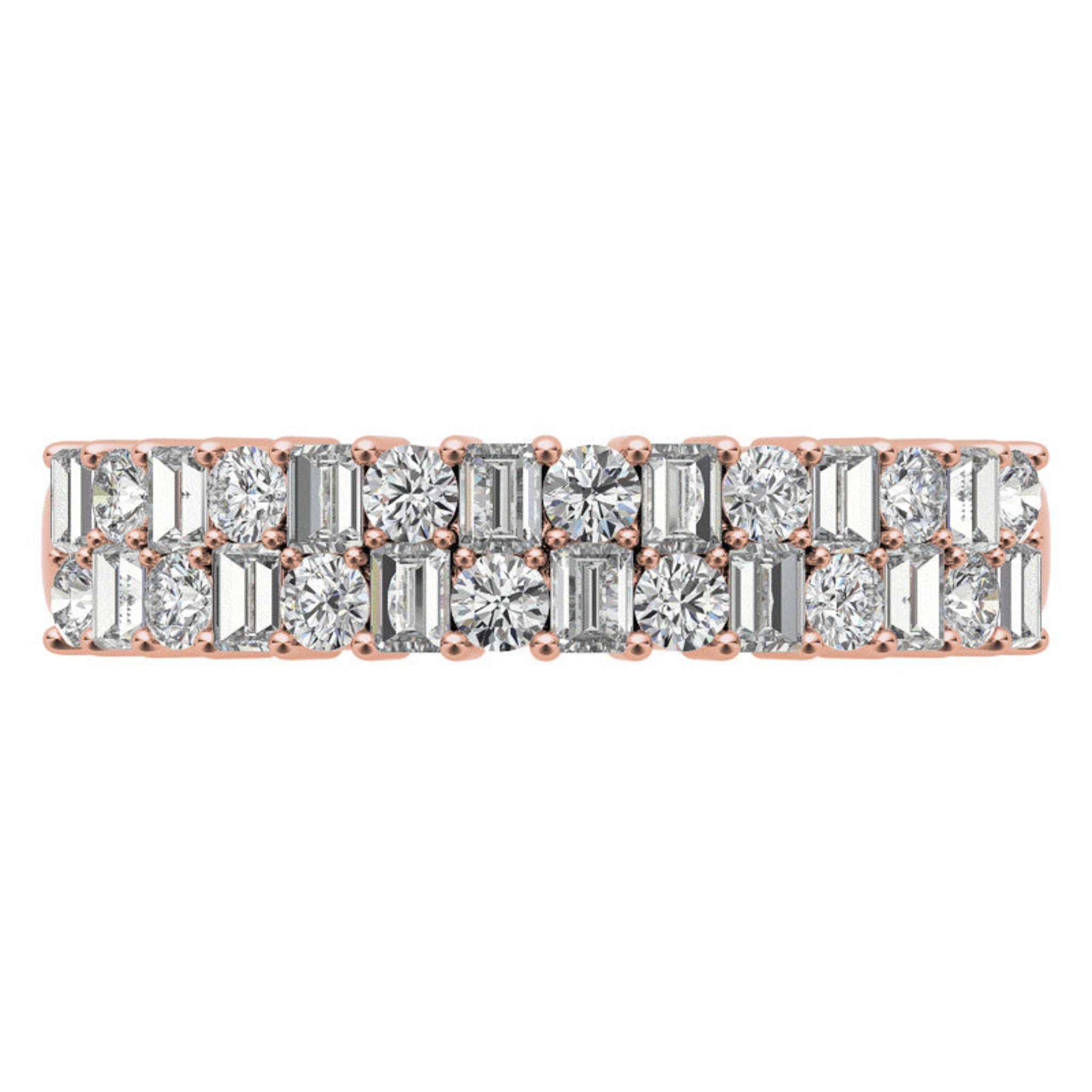 Sterling Silver Unique Adjustable Dual-Row Baguette and Round Diamond Rose Gold Band For Women