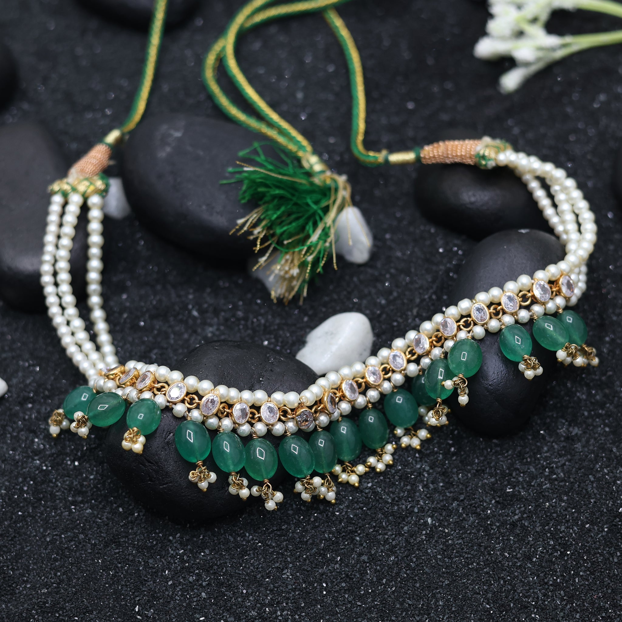Yellow Gold Plated Emerald and Pearl Necklace