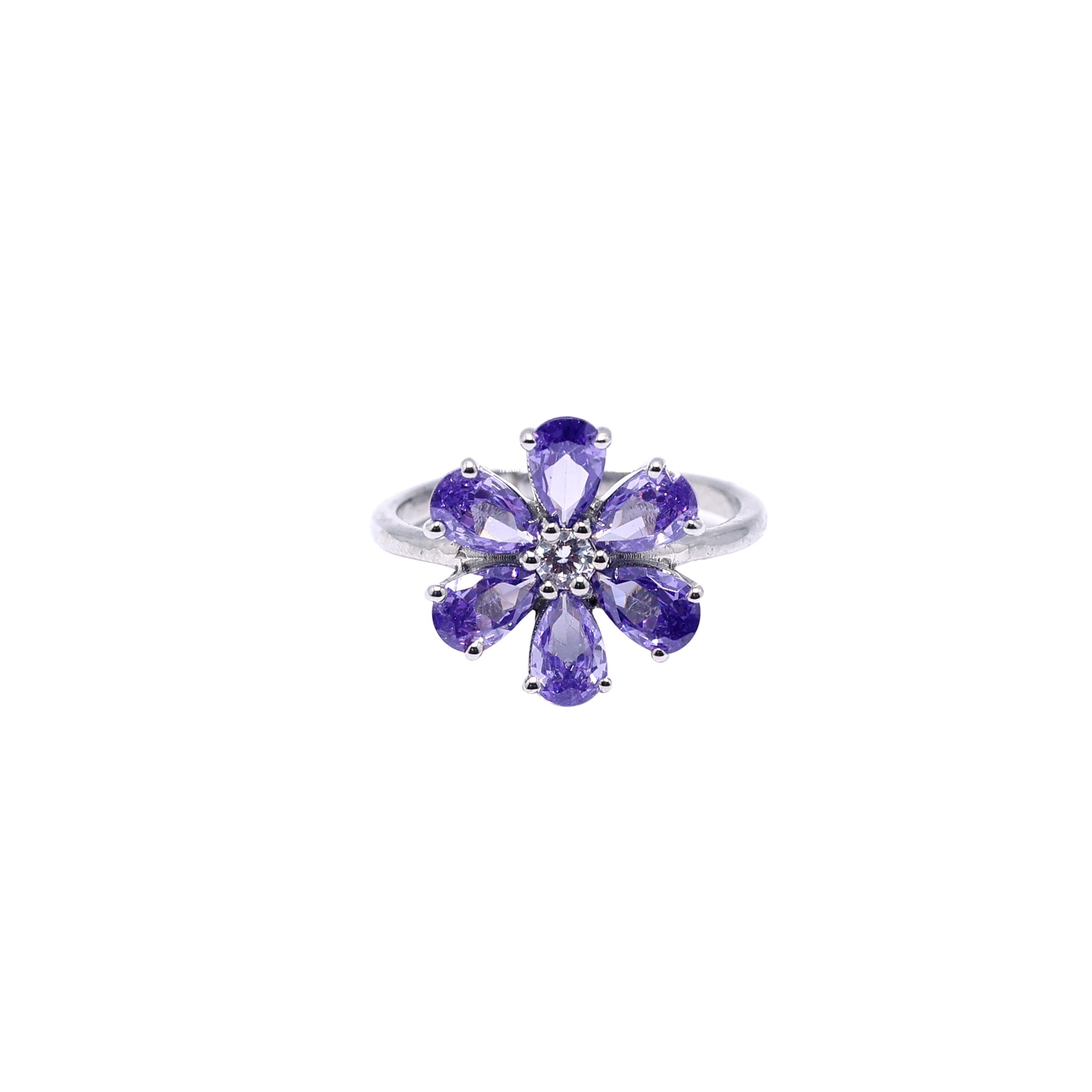 Floral White Gold Silver Adjustable Amethyst Ring For Women