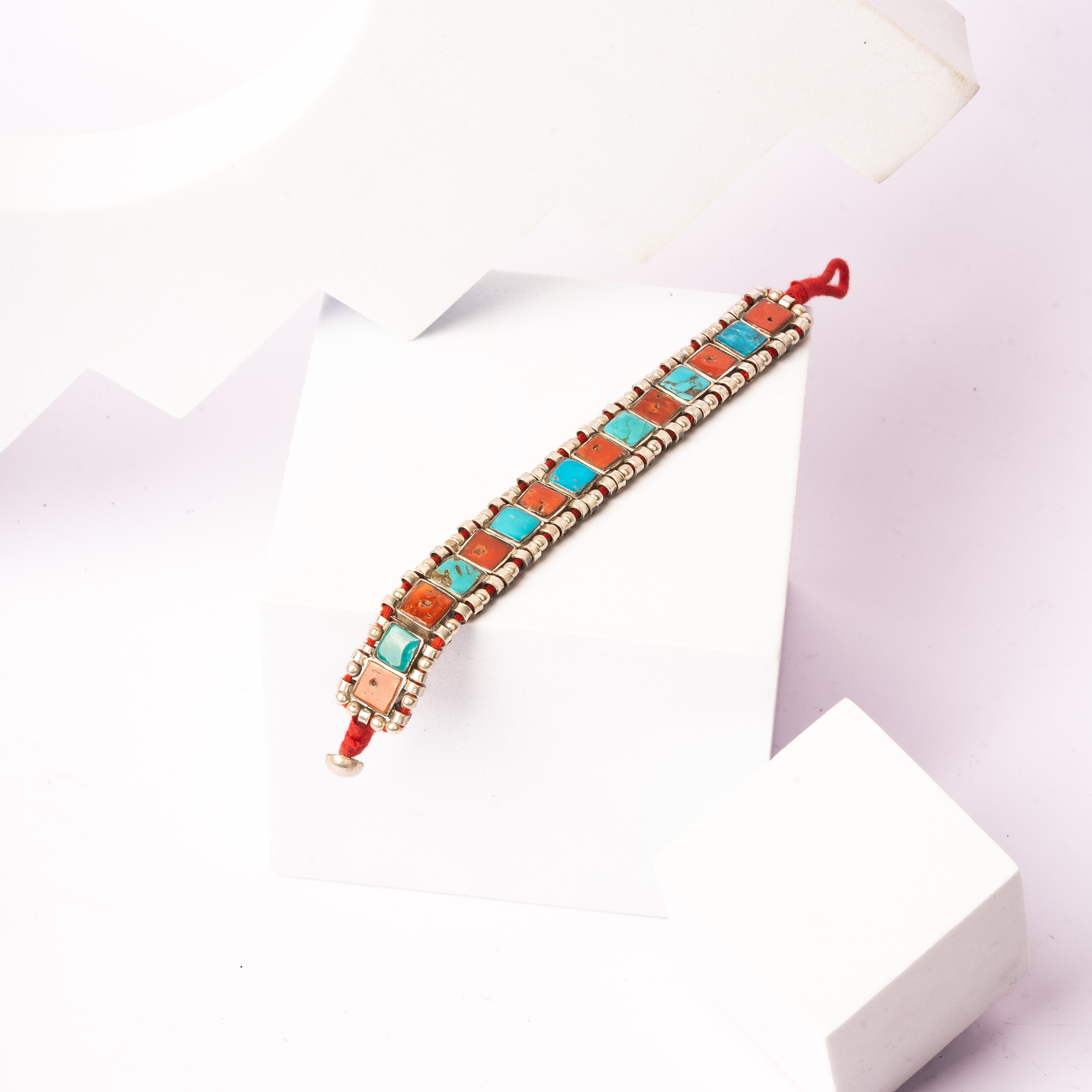 Stunning Square Coral with Turquoise Silver Rakhi / Friendship Band