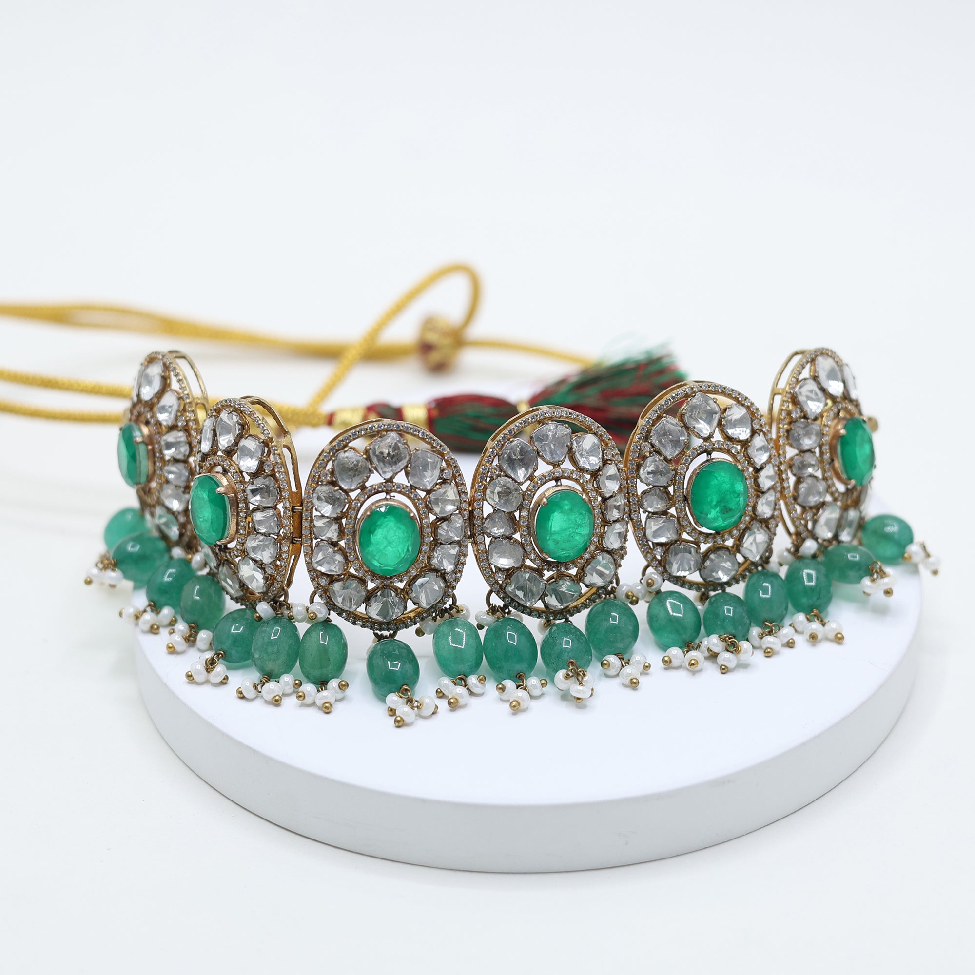 Emerald Choker Necklace with Polki Stone