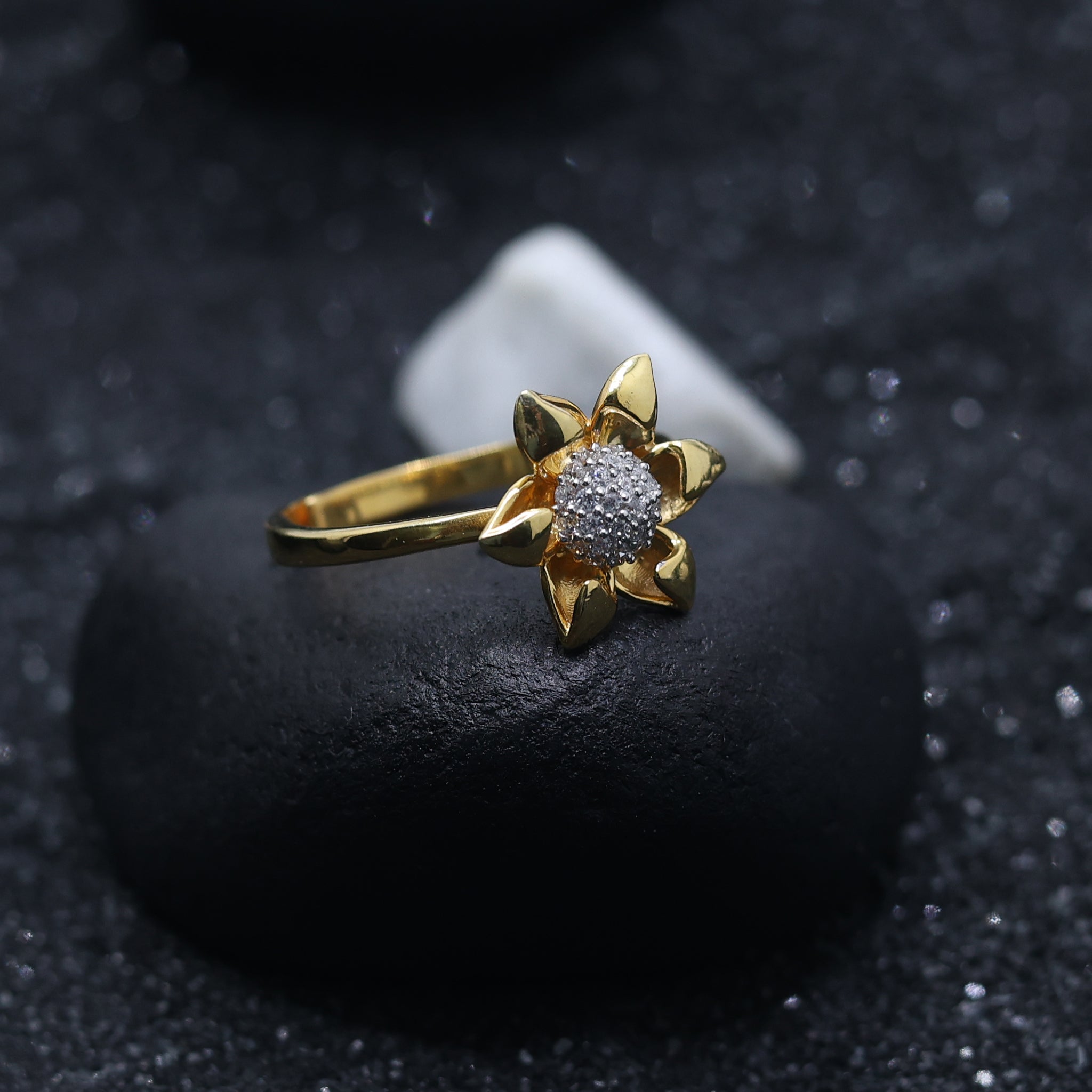 Yellow Gold Adjustable Silver Lotus Bloom Diamond Accent Ring For Woman