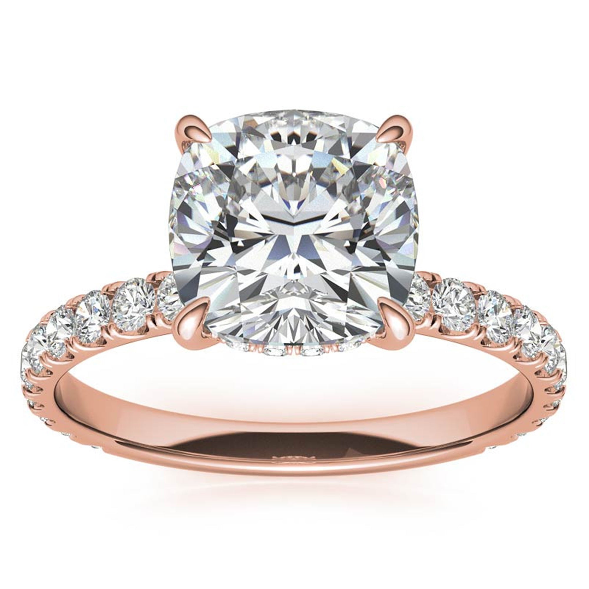 Adjustable Sterling Silver Elegant Rose Gold Cushion-Cut Diamond Engagement Ring with Pavé Band For Women