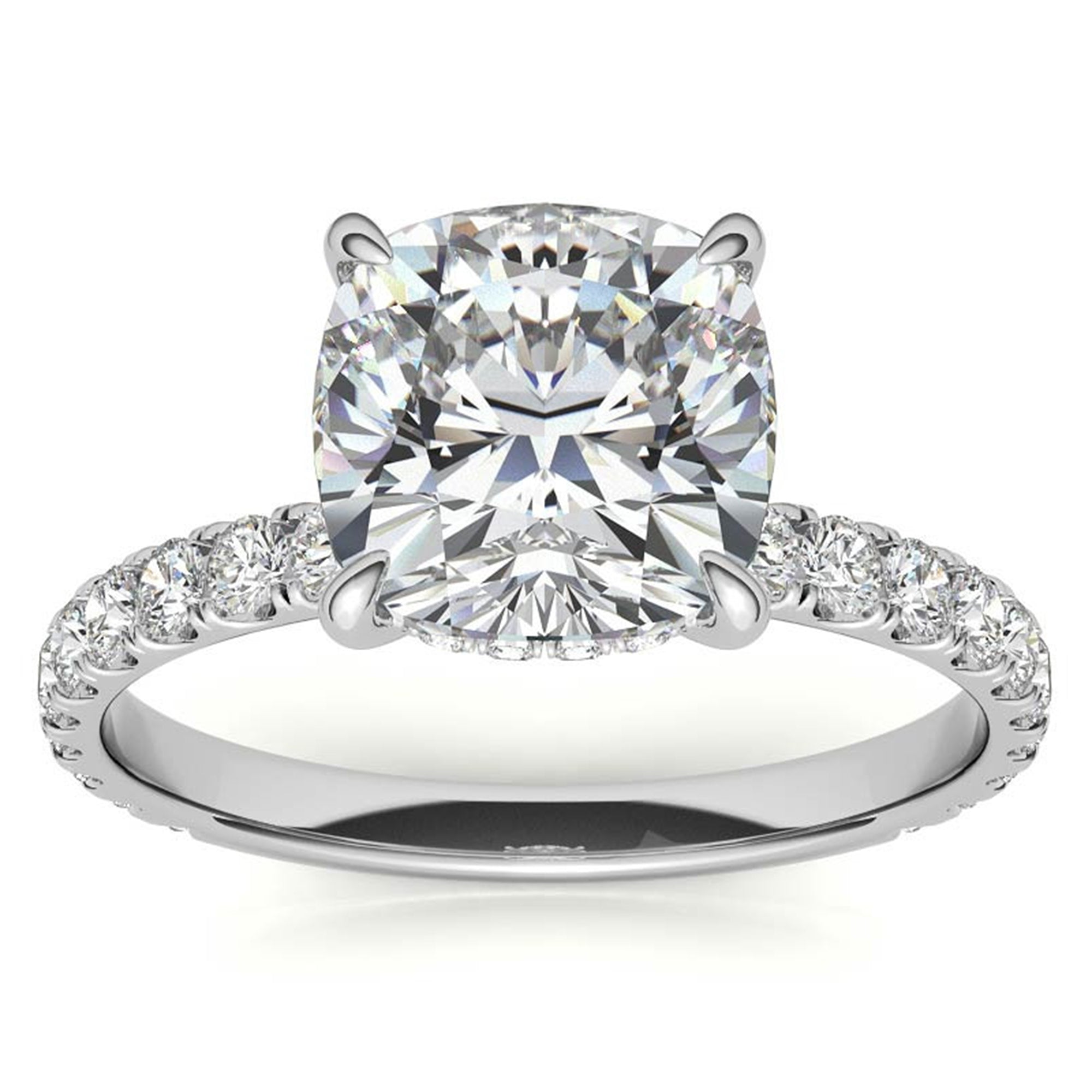 Adjustable Sterling Silver Elegant White Gold Cushion-Cut Diamond Engagement Ring with Pavé Band For Women