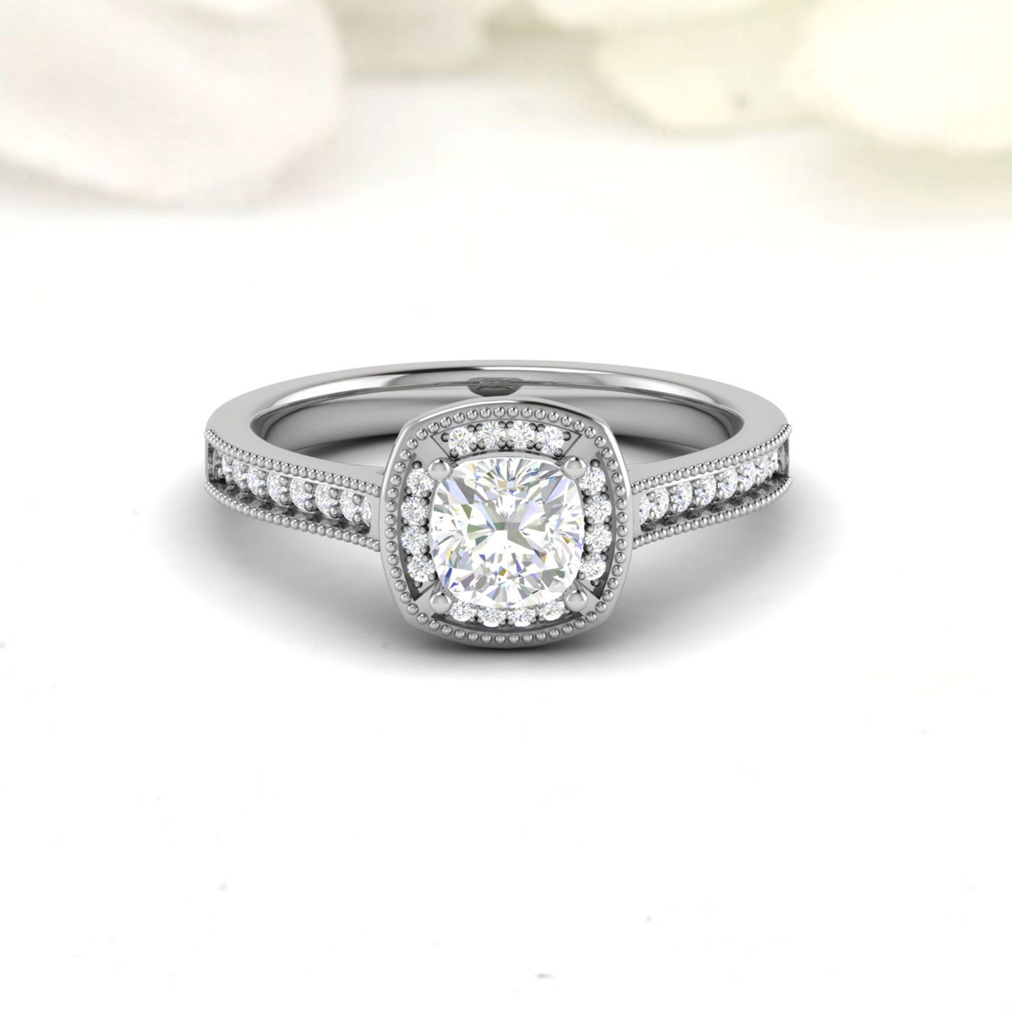 Cushion Halo Milgrain Silver Ring