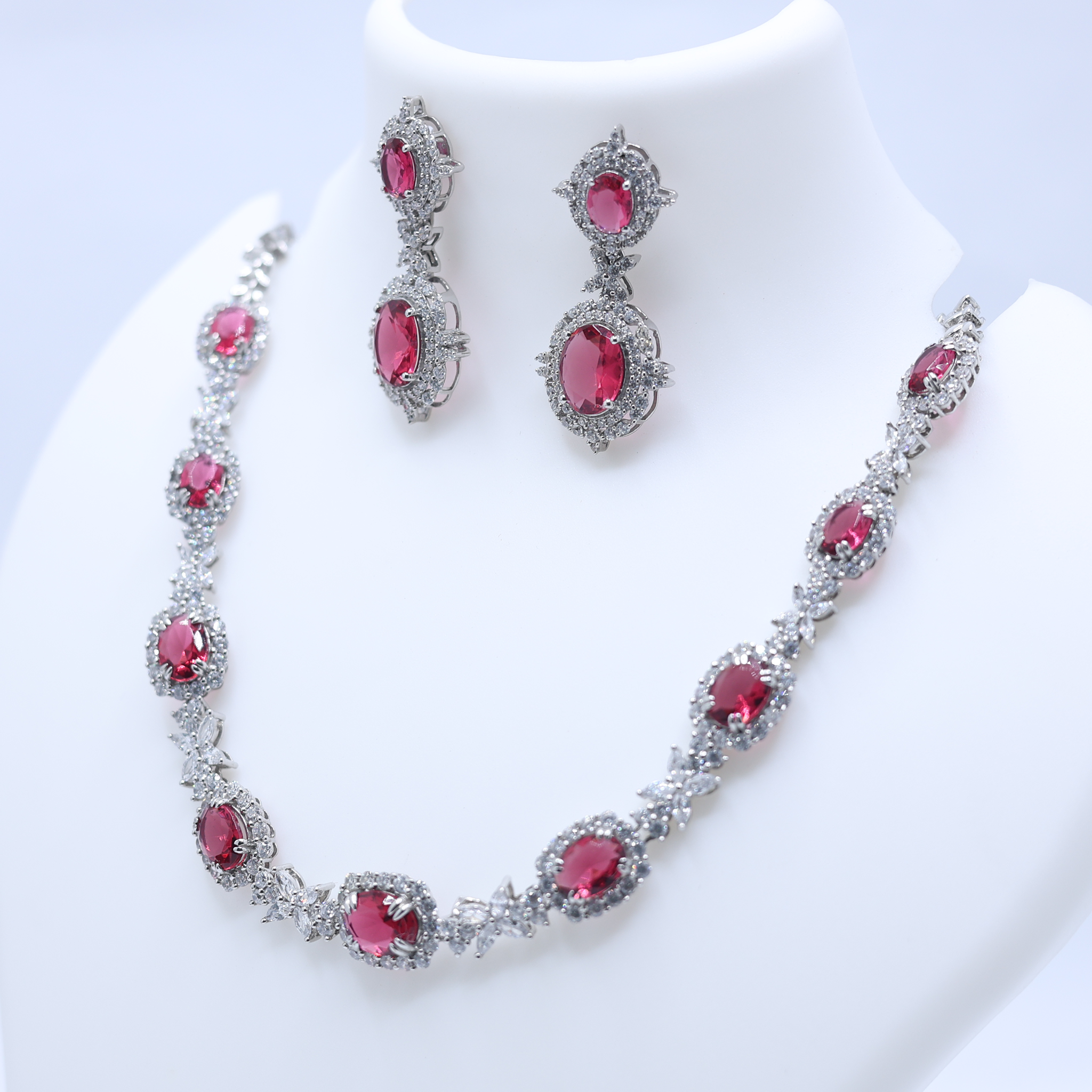 White Gold Plated Ruby Necklace Set