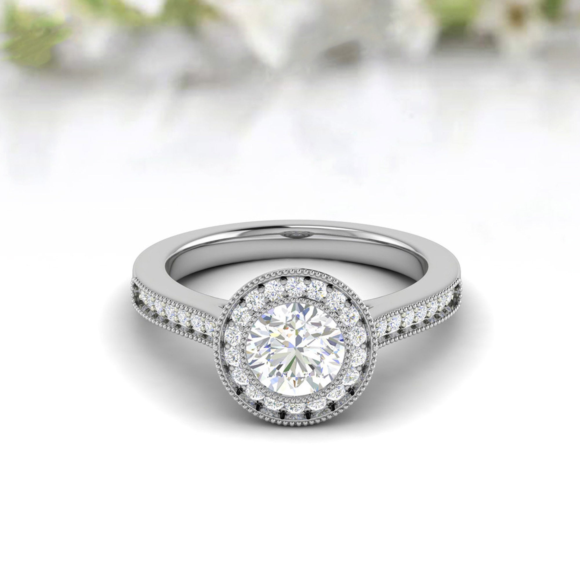 Elegant Milgrain Halo Solitaire Ring