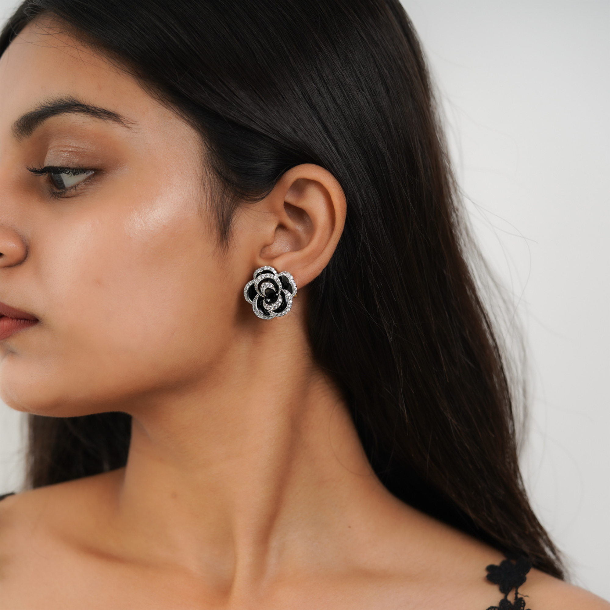 Black Enamel Rose Earrings