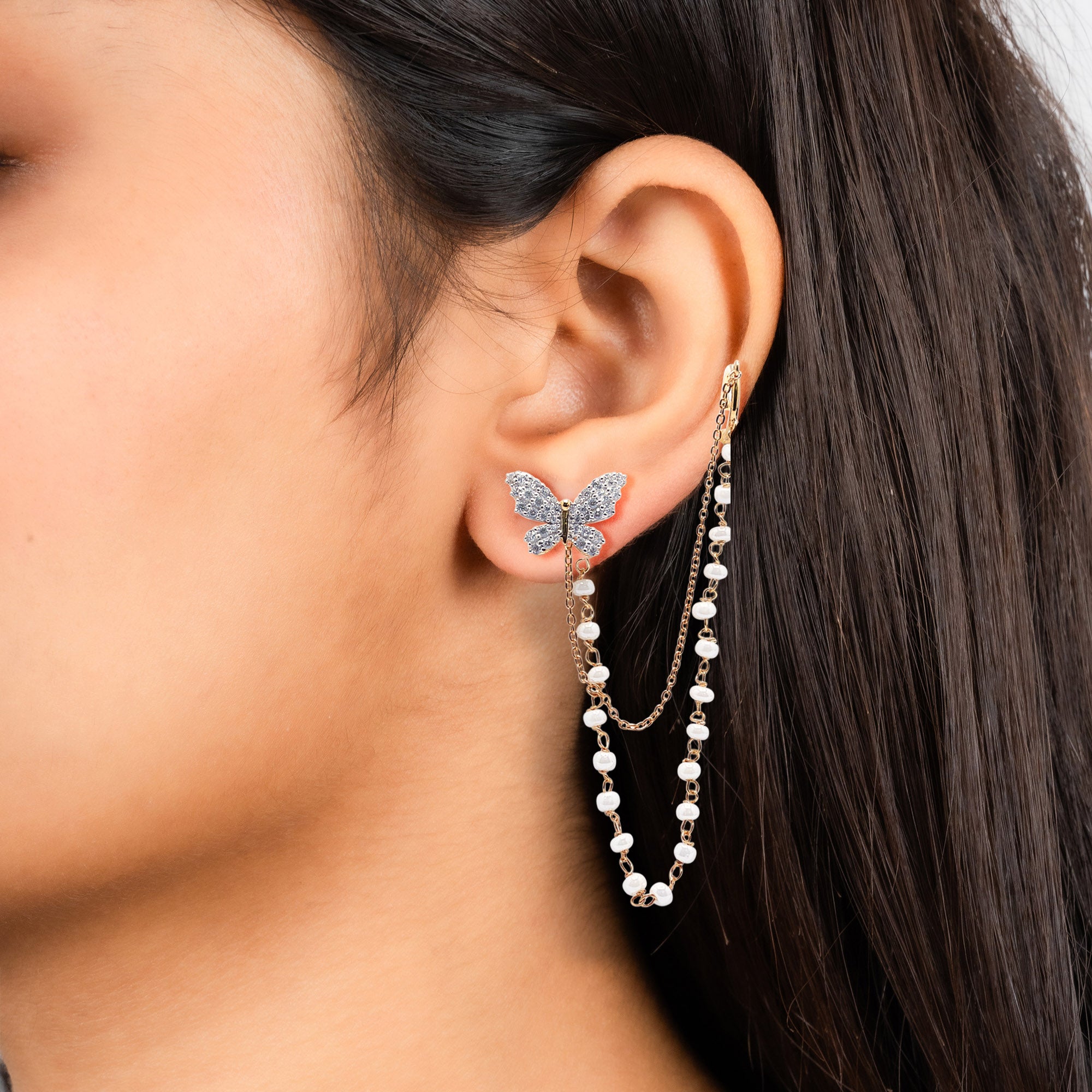 Silver Pearl Accent Crystal Butterfly Chain Yellow Gold Cuff Earrings For Woman