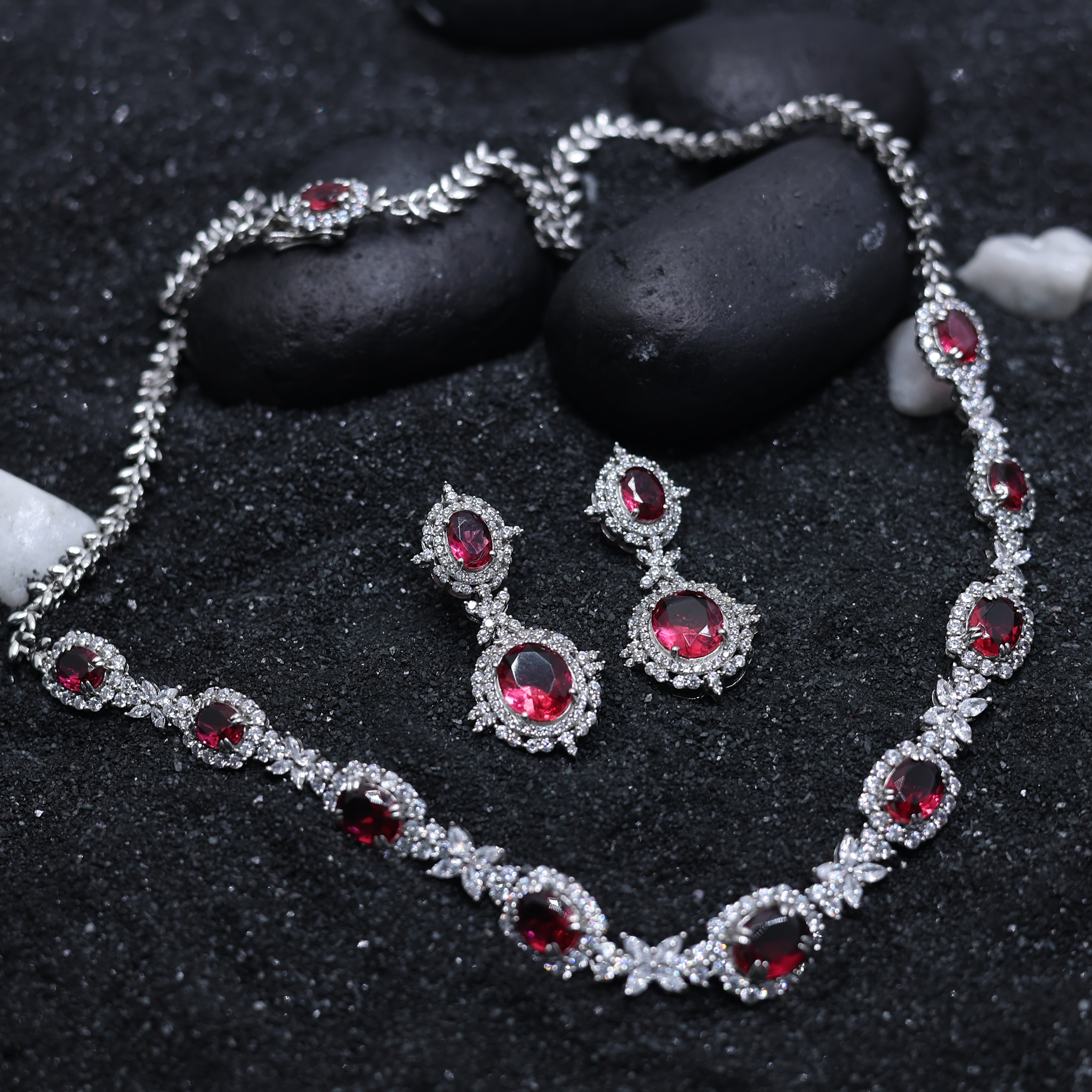White Gold Plated Ruby Necklace Set