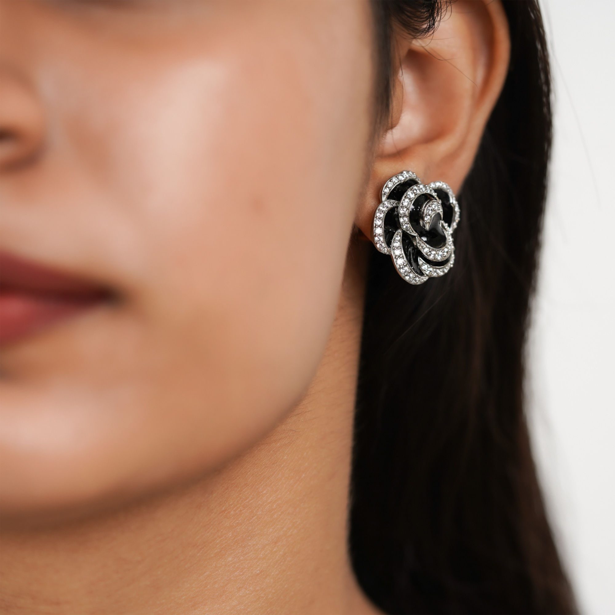 Black Enamel Rose Earrings