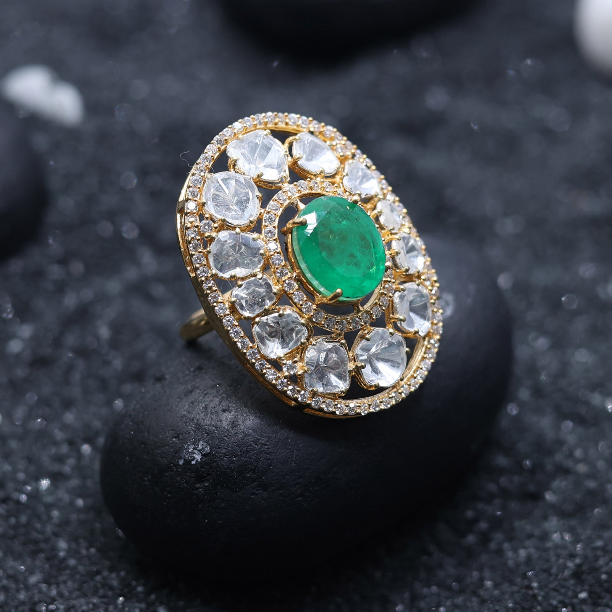 Oval Polki Emerald Cocktail Ring