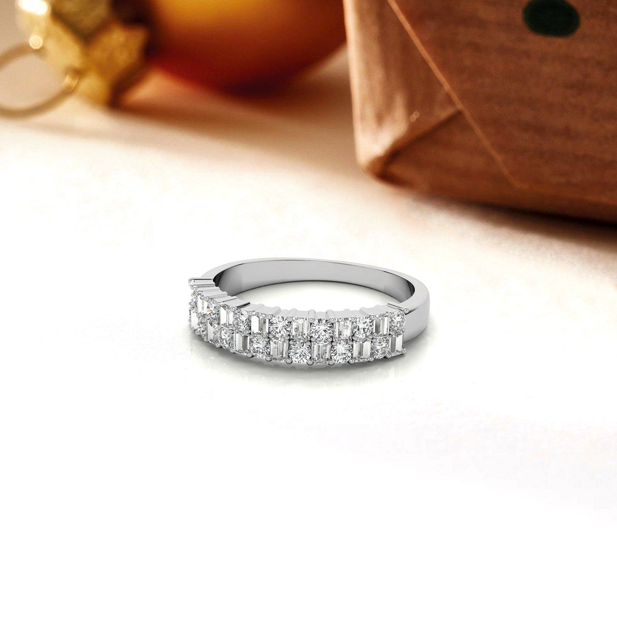 Sterling Silver Unique Adjustable Dual-Row Baguette and Round Diamond White Gold Band For Women