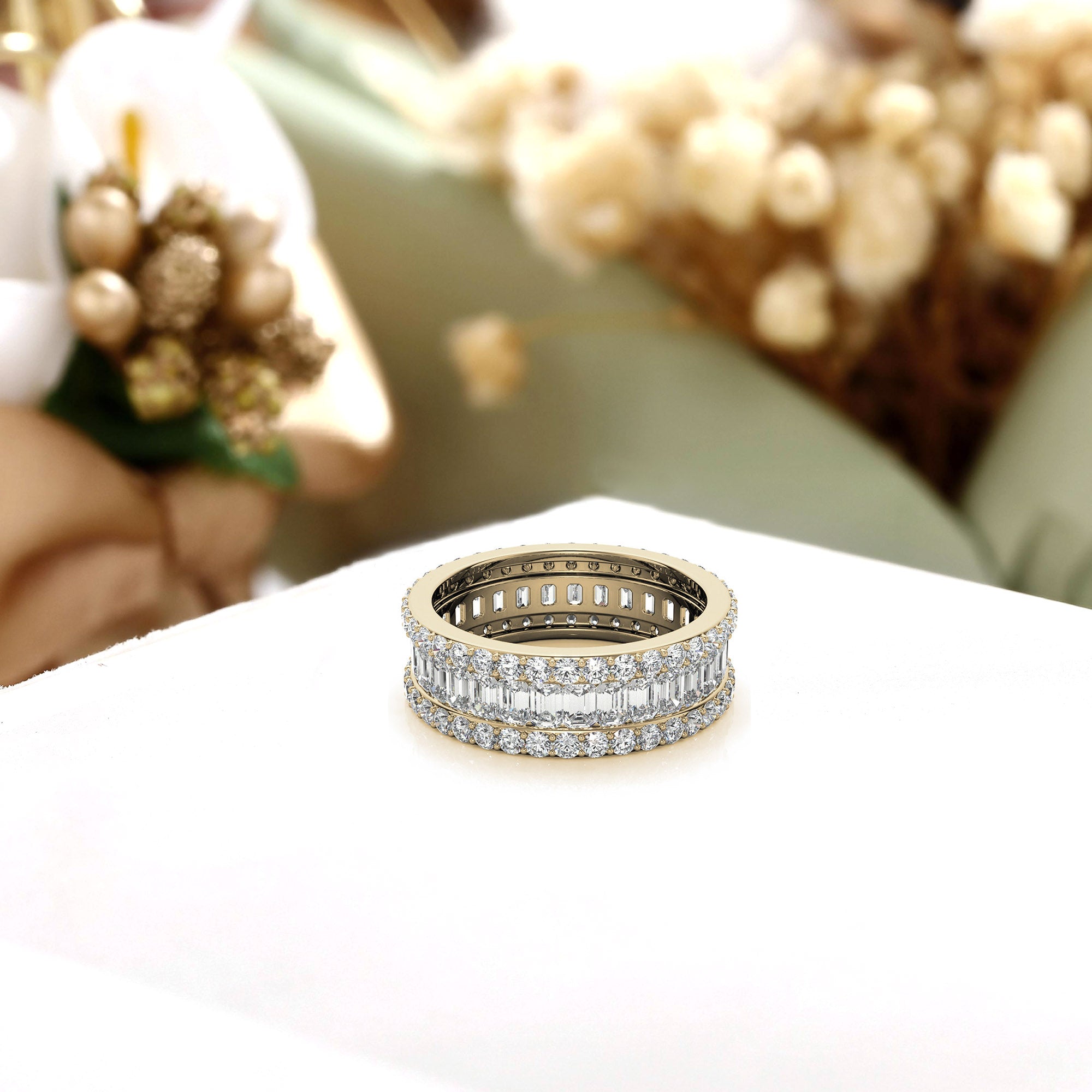 Three Tier Round and Emerald Cut Diamond Yellow Gold Sparkling Sterling Silver Luxury Eternity Band For Women