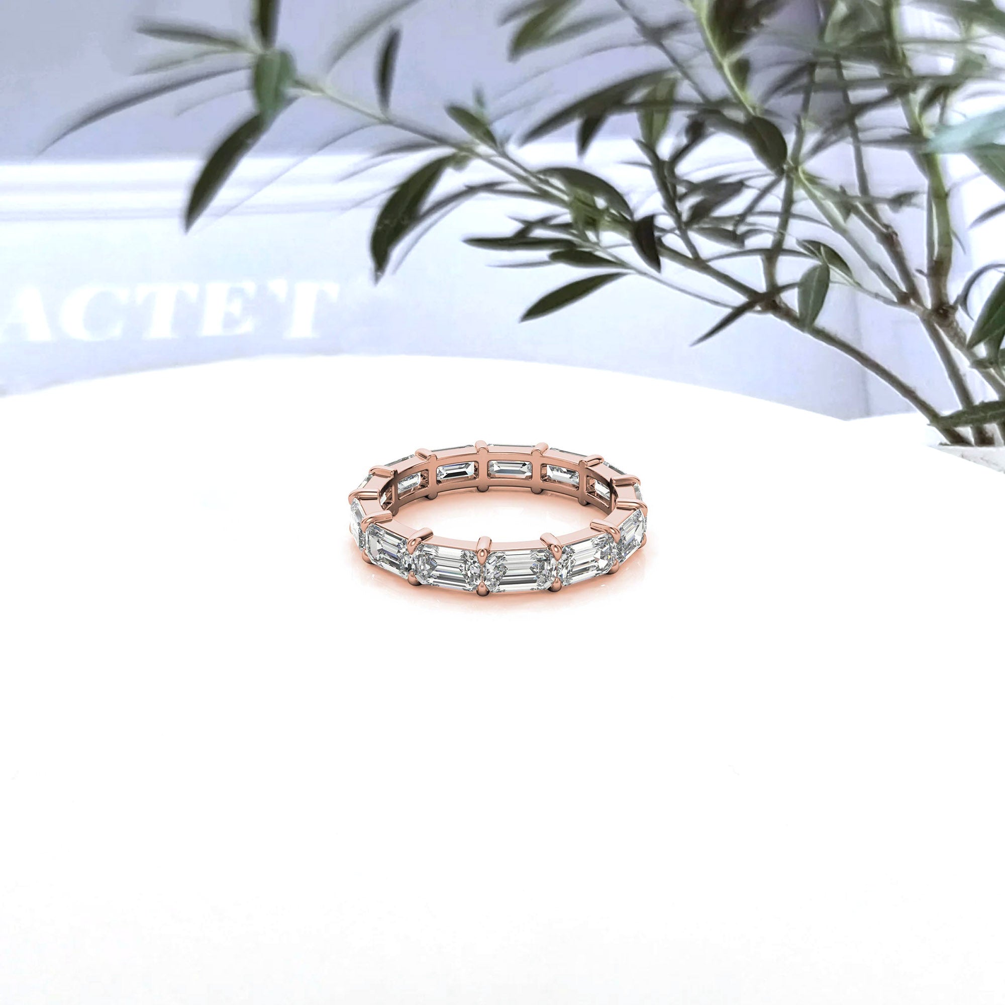 Sterling Silver Graceful  Radiant Emerald-Cut Diamond Rose Gold Eternity Band For Women