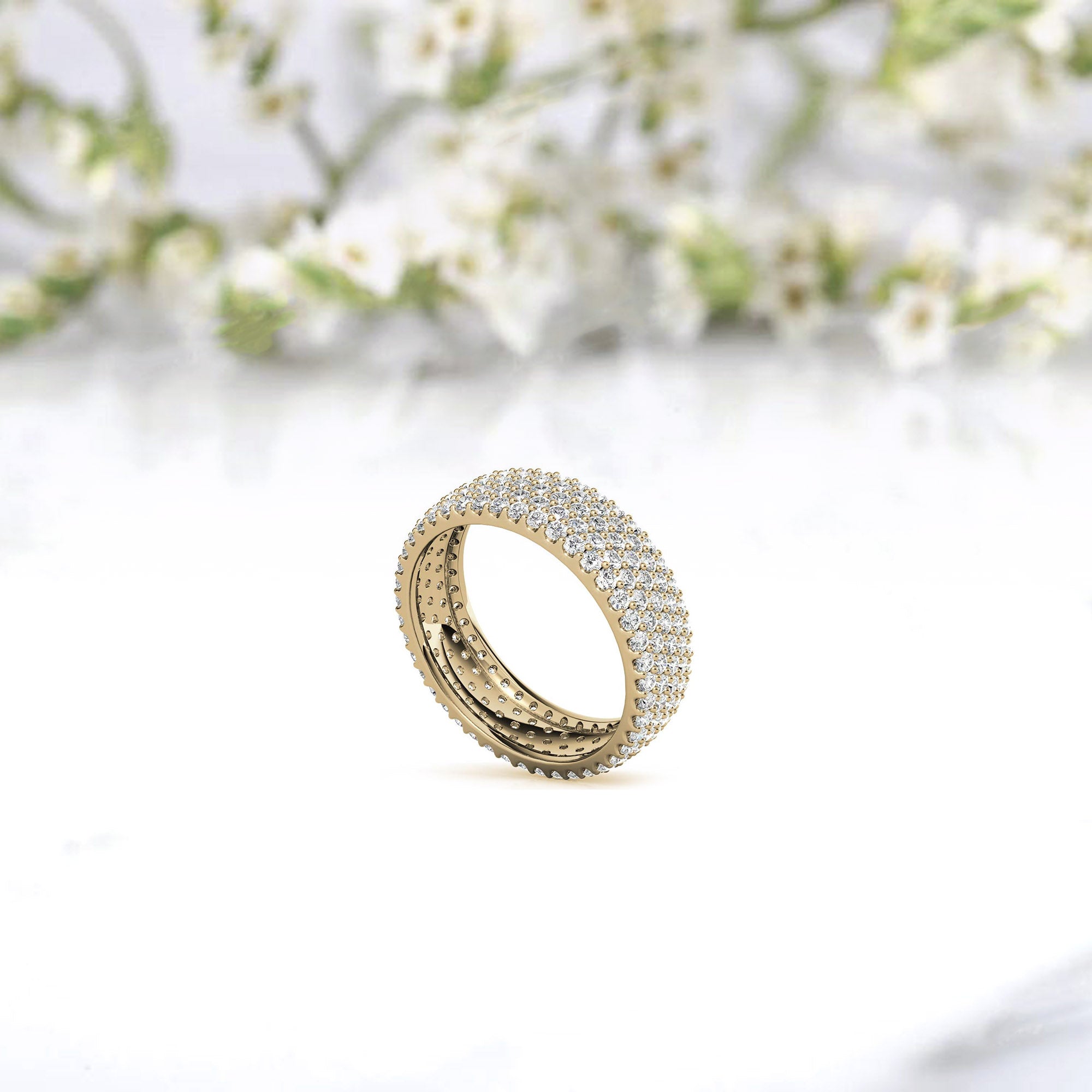 Sterling Silver Luxurious Radiant Diamond-Studded Yellow Gold Eternity Band For Women