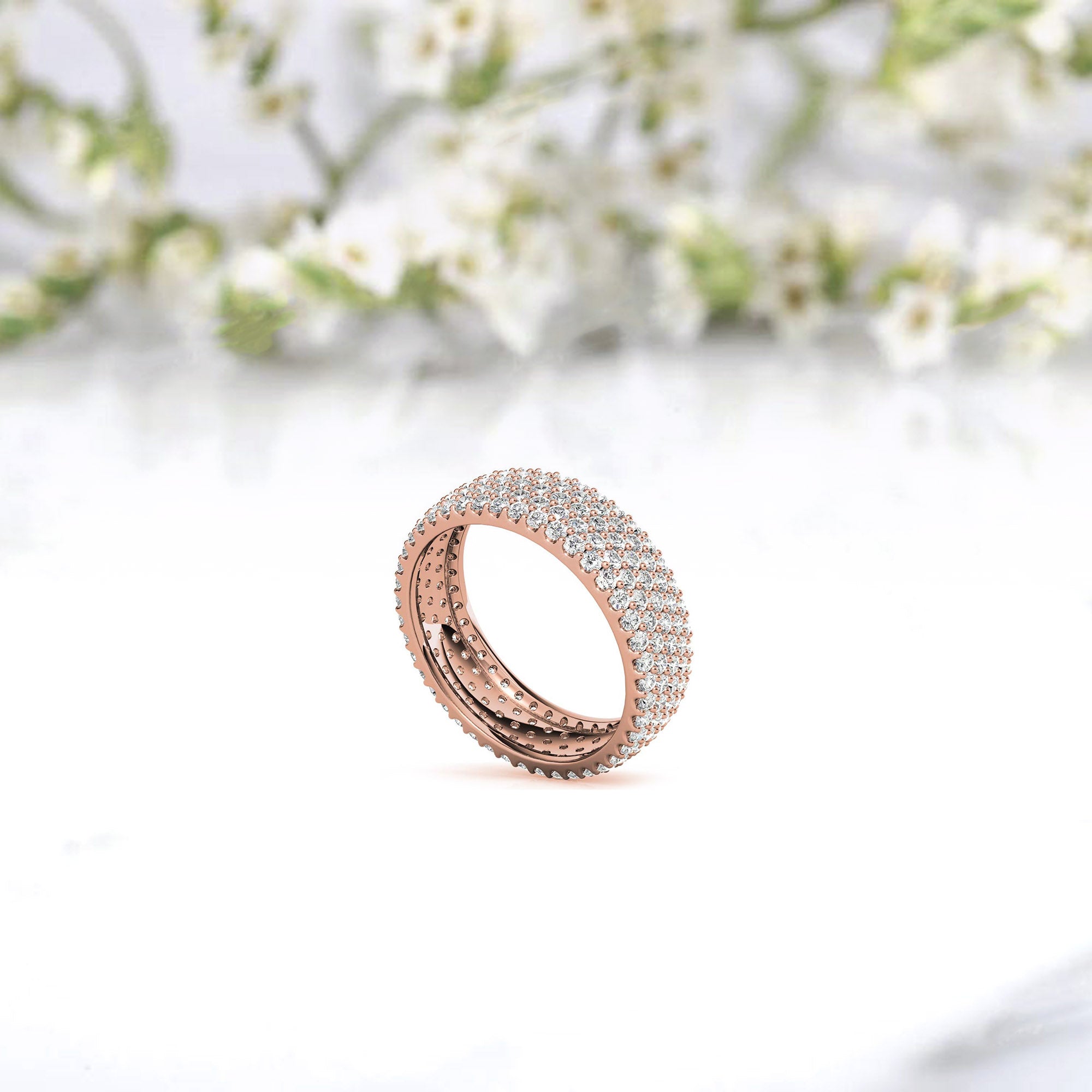 Sterling Silver Luxurious Radiant Diamond-Studded Rose Gold Eternity Band For Women