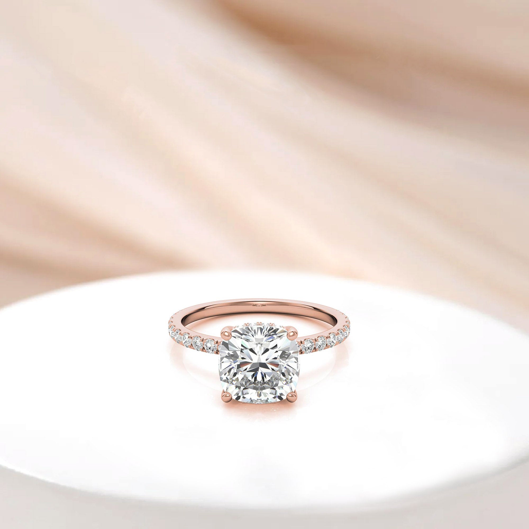 Sterling Silver Luxury Adjustable Cushion-Cut Diamond Rose Gold Halo Ring For Women