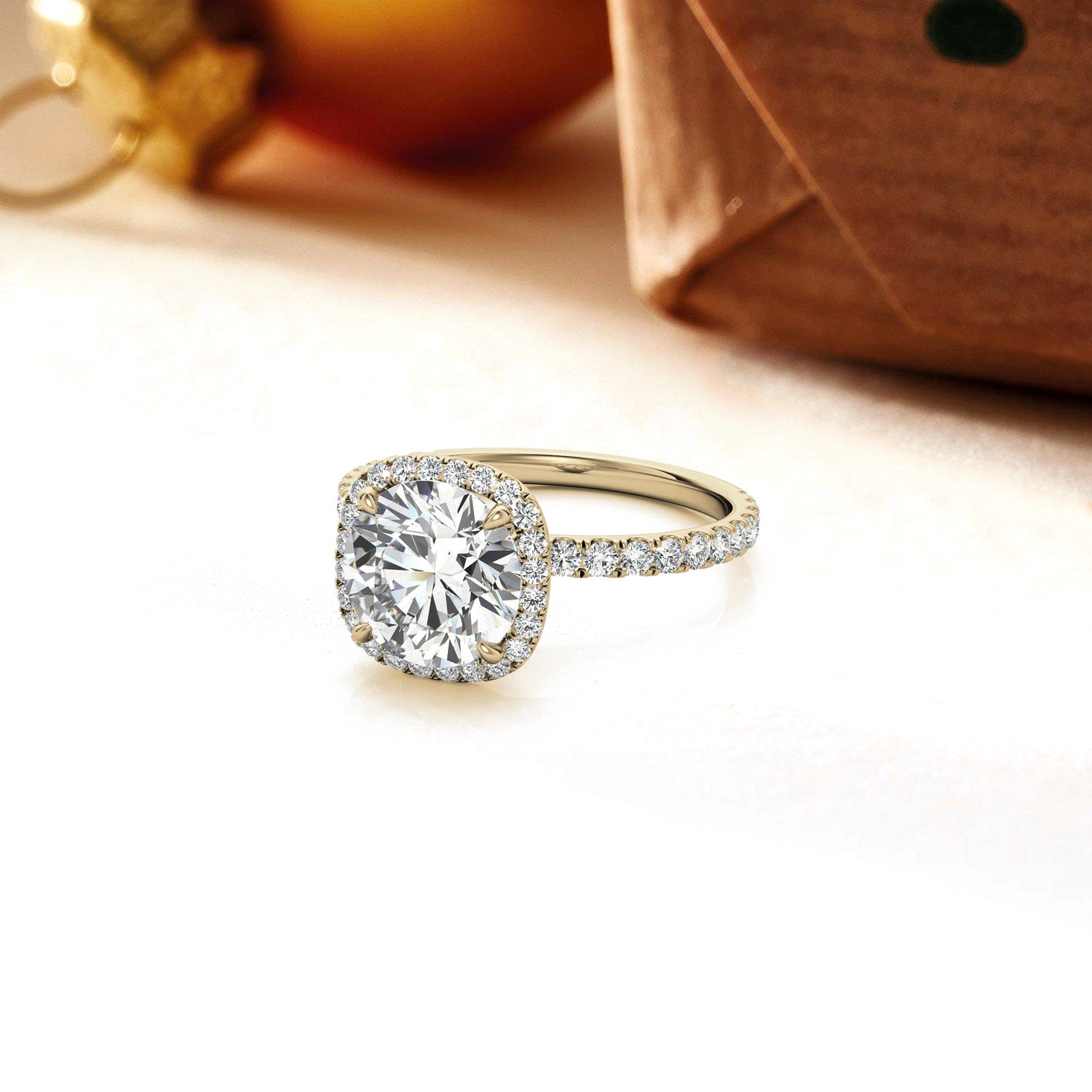 Sterling Silver Luxury Adjustable Cushion-Cut Diamond Yellow Gold Halo Ring For Women