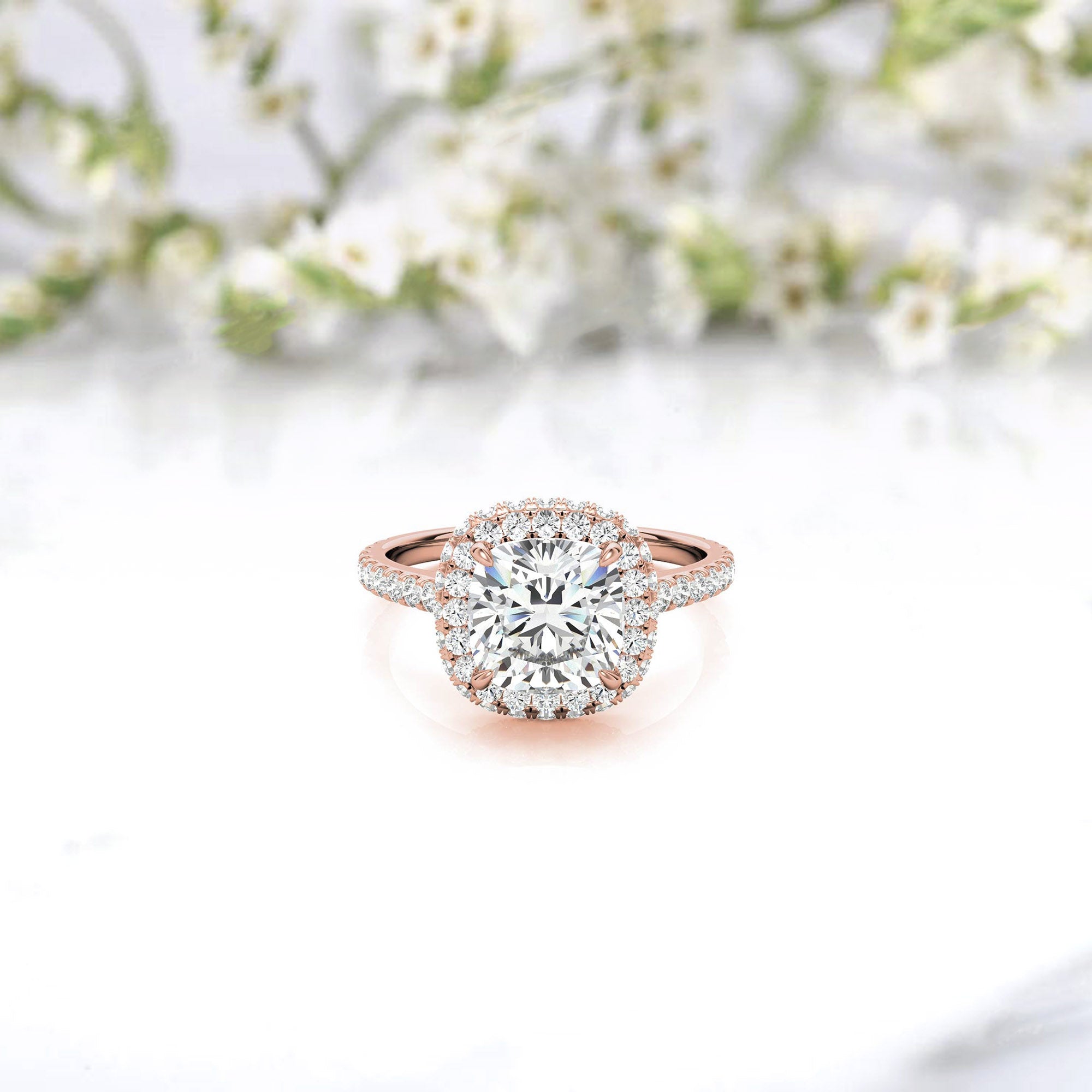 Sterling Silver Sparkling Adjustable Cushion-Cut Rose Gold Halo Engagement Ring For Women