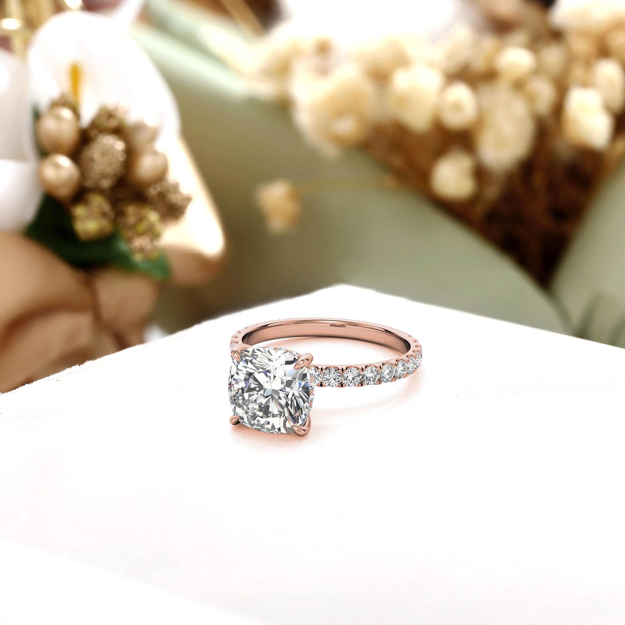 Adjustable Sterling Silver Elegant Rose Gold Cushion-Cut Diamond Engagement Ring with Pavé Band For Women