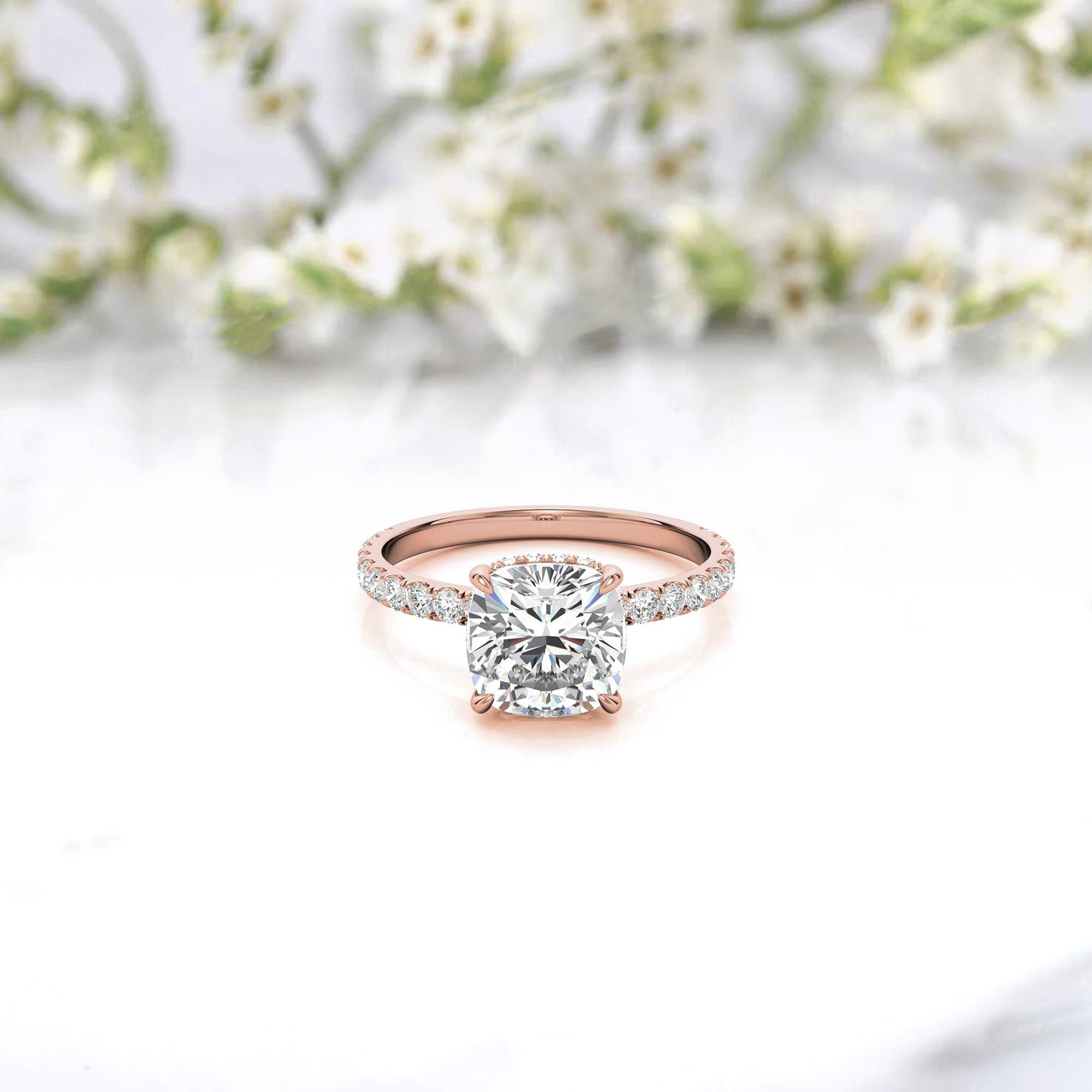 Adjustable Sterling Silver Stunning Rose Gold Cushion Diamond Ring with Side Stones For Women