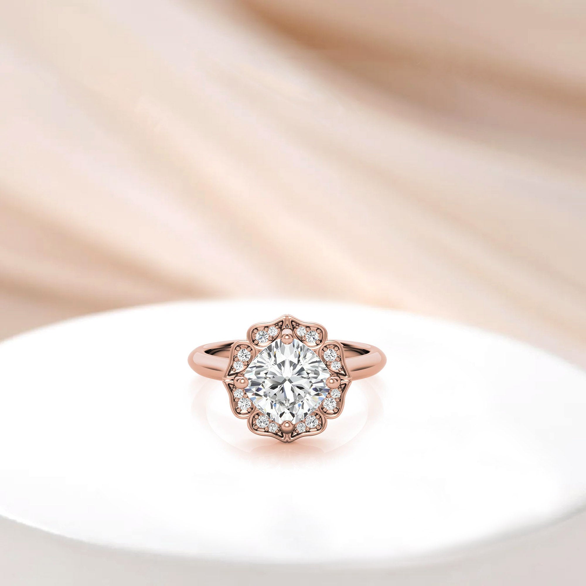 Adjustable Sterling Silver Elegant Rose Gold Floral Halo Diamond Engagement Ring For Women