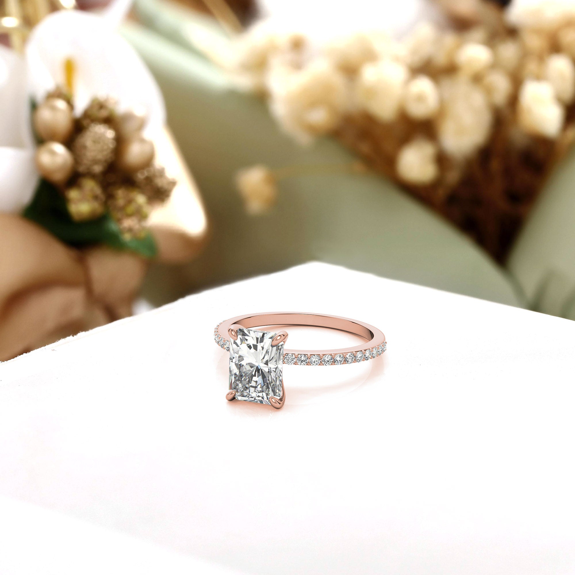 Adjustable Radiant Cut Solitaire Sterling Silver Rose Gold-Plated Engagement Ring with Pave Band – Perfect for Special Occasions