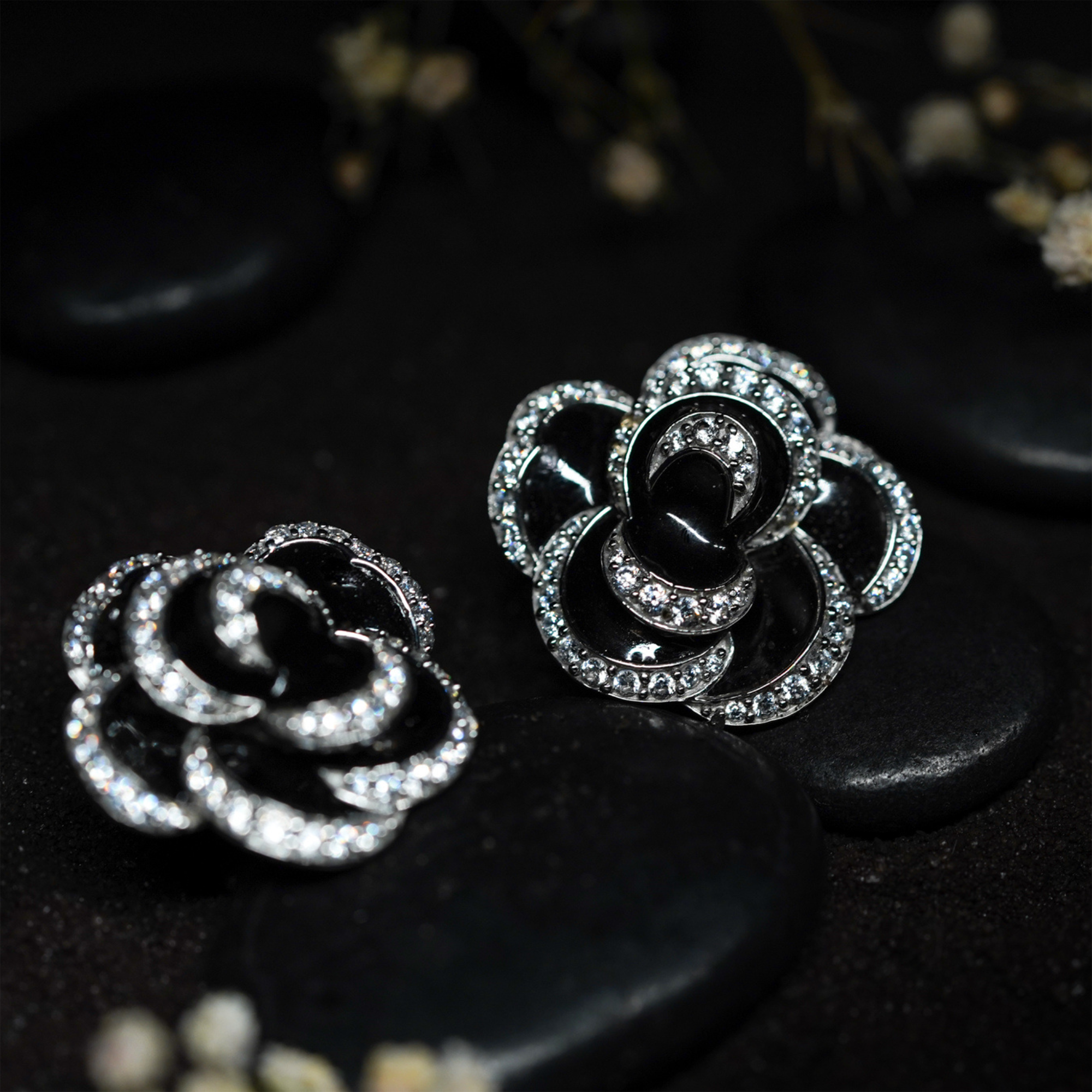 Black Enamel Rose Earrings