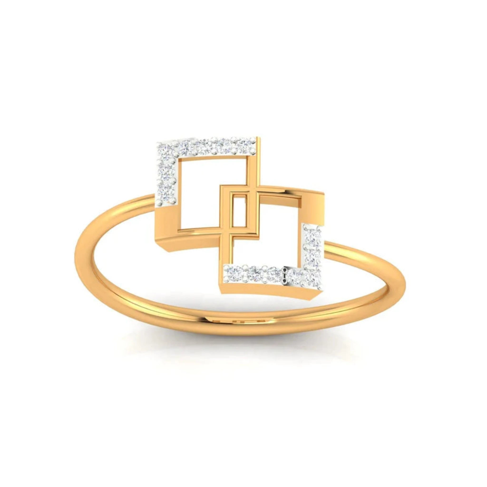 Yellow Gold Adjustable Silver Interlocking Square Motifs Accent Diamond Ring For Woman